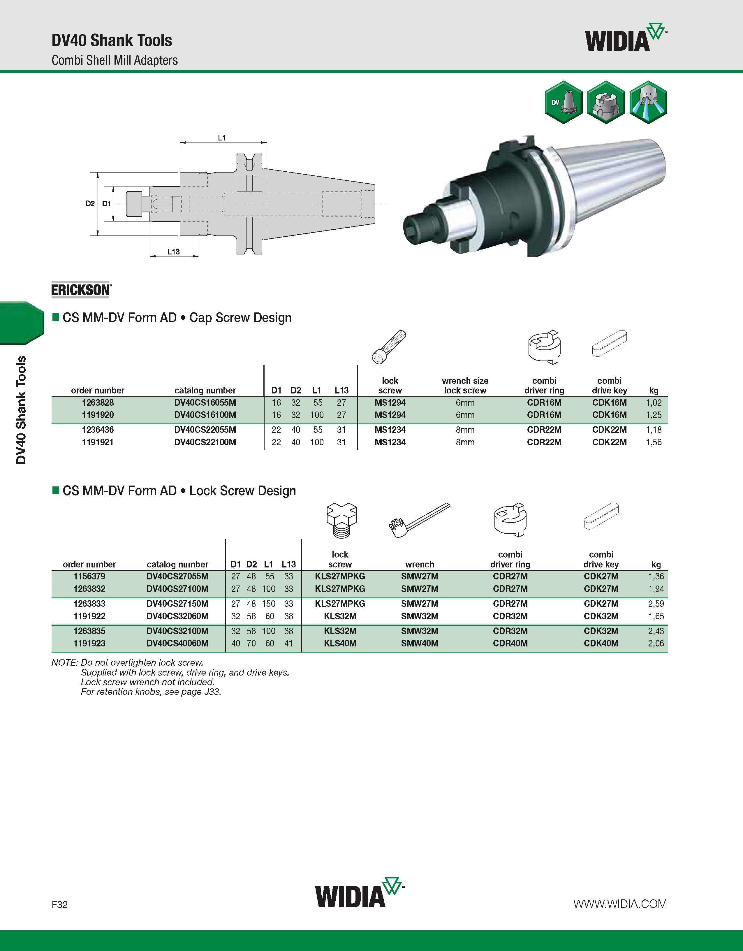 812 DV40 Shank Tools DV40 Shank Tools Combi Shell Mill Adapters WIDIA ERICKSON CS MM-DV Form AD Cap Screw Design order number catalog number D1 D2 L1 Каталог WIDIA 2011 Инструментальная оснастка для металлорежущих станков Вспомогательный инструмент для оборудования Адаптеры Насадки Оправки Патроны Стр. F32 ENG