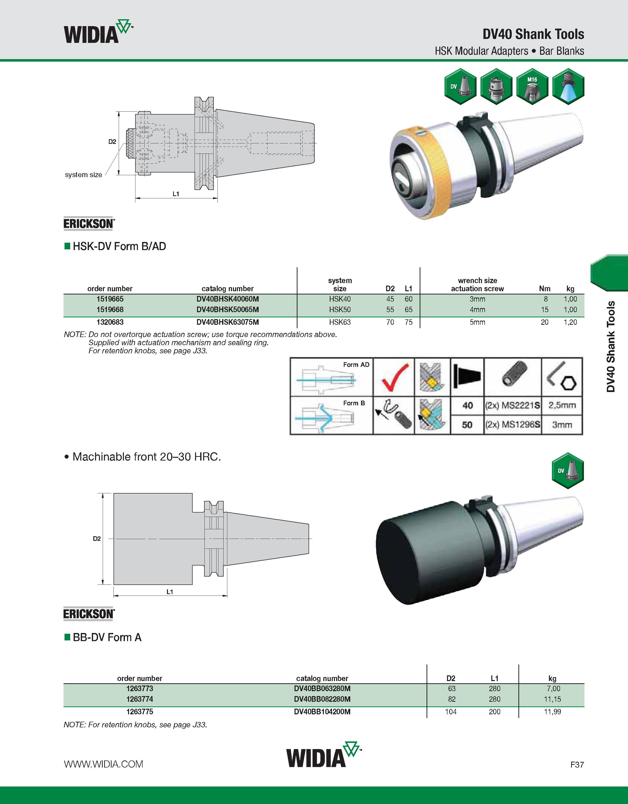 817 WIDIA DV40 Shank Tools HSK Modular Adapters Bar Blanks ERICKSON HSK-DV Form B/AD order number catalog number system size D2 L1 wrench size actuat Каталог WIDIA 2011 Инструментальная оснастка для металлорежущих станков Вспомогательный инструмент для оборудования Адаптеры Насадки Оправки Патроны Стр. F37 ENG