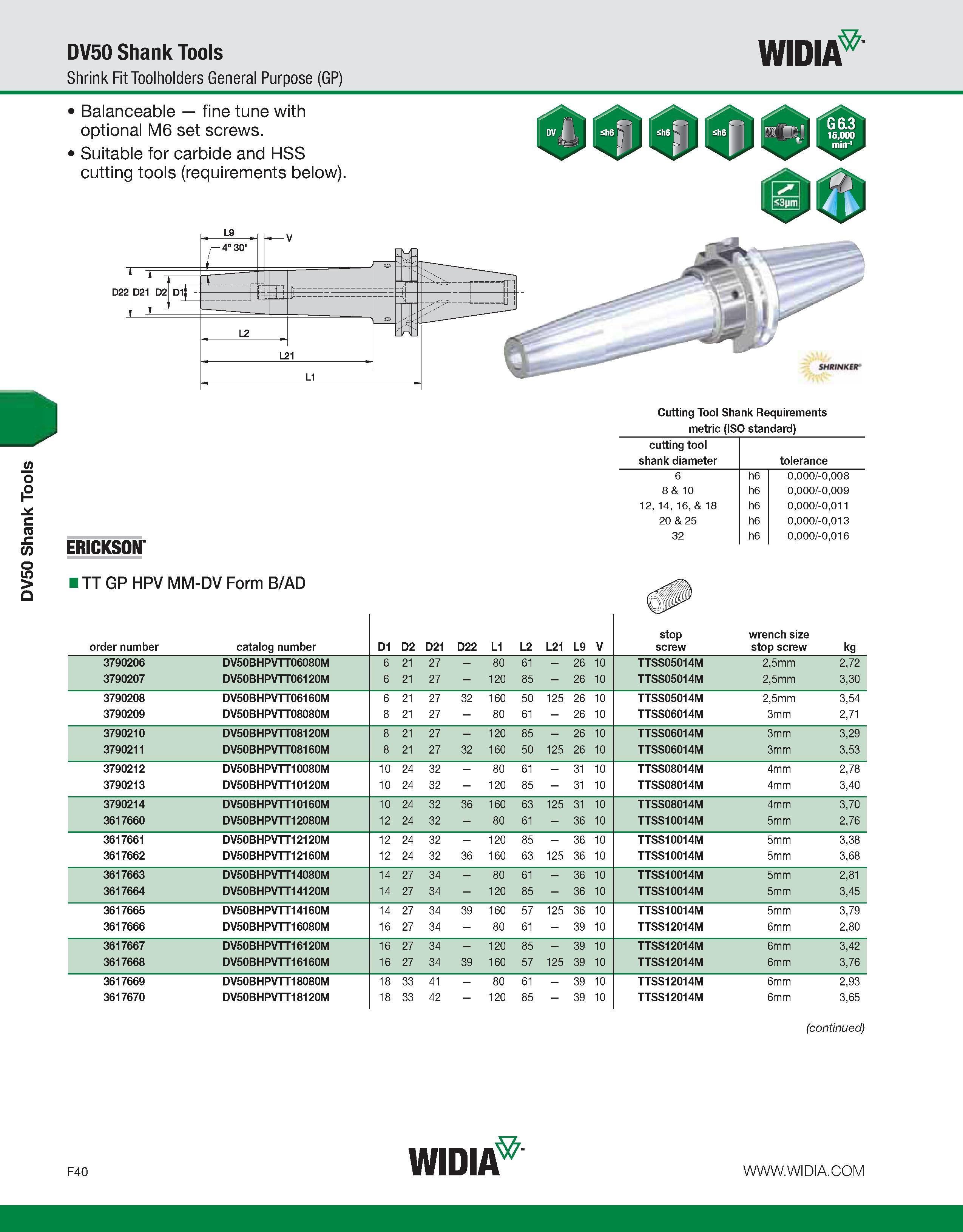 820 DV50 Shank Tools DV50 Shank Tools Shrink Fit Toolholders General Purpose (GP) Balanceable - fine tune with optional M6 set screws Suitable for ca Каталог WIDIA 2011 Инструментальная оснастка для металлорежущих станков Вспомогательный инструмент для оборудования Адаптеры Насадки Оправки Патроны Стр. F40 ENG