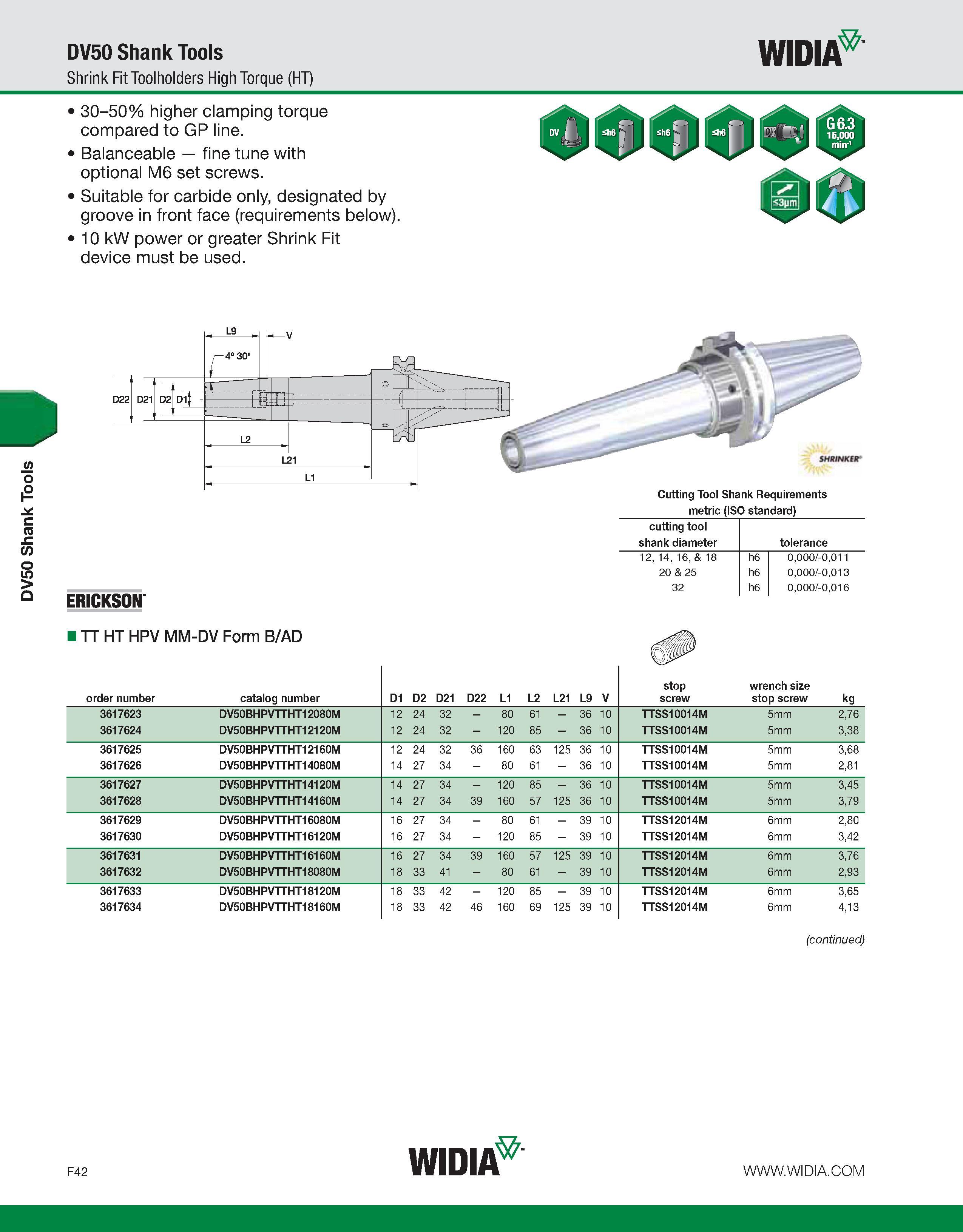 822 DV50 Shank Tools DV50 Shank Tools Shrink Fit Toolholders High Torque (HT) 30-50% higher clamping torque compared to GP line Balanceable fine tune Каталог WIDIA 2011 Инструментальная оснастка для металлорежущих станков Вспомогательный инструмент для оборудования Адаптеры Насадки Оправки Патроны Стр. F42 ENG