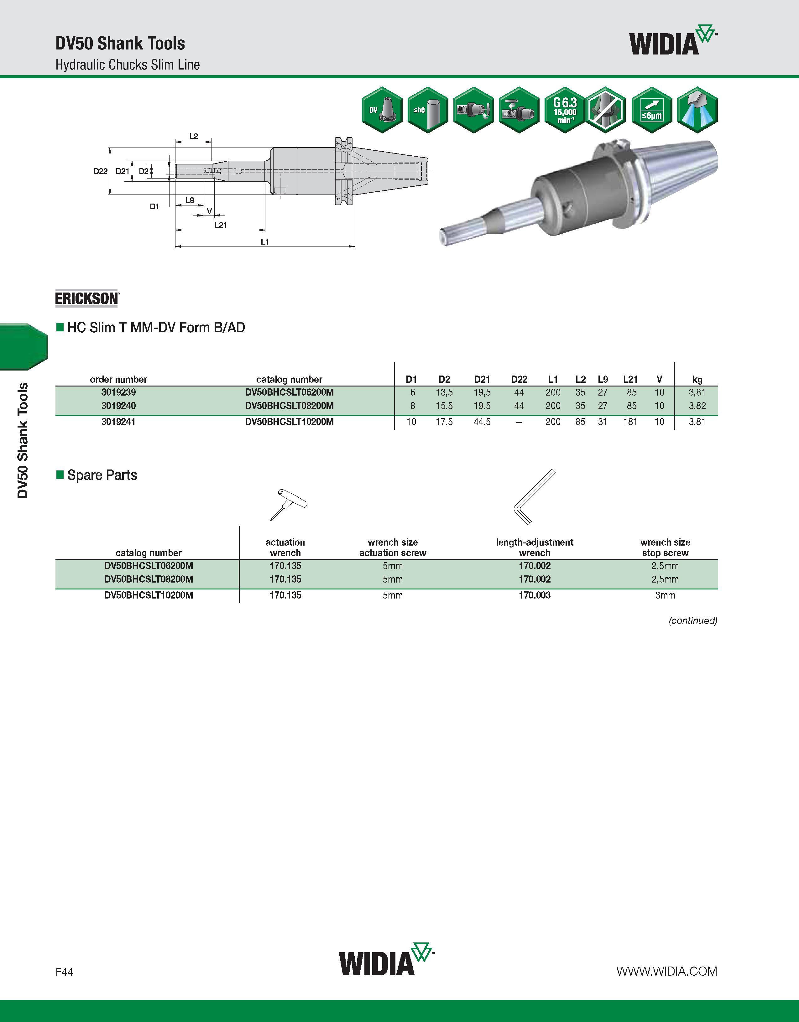 824 DV50 Shank Tools DV50 Shank Tools Hydraulic Chucks Slim Line WIDIA 11D2T L9 Lk ERICKSON HC Slim T MM-DV Form B/AD order number catalog number D1 Каталог WIDIA 2011 Инструментальная оснастка для металлорежущих станков Вспомогательный инструмент для оборудования Адаптеры Насадки Оправки Патроны Стр. F44 ENG