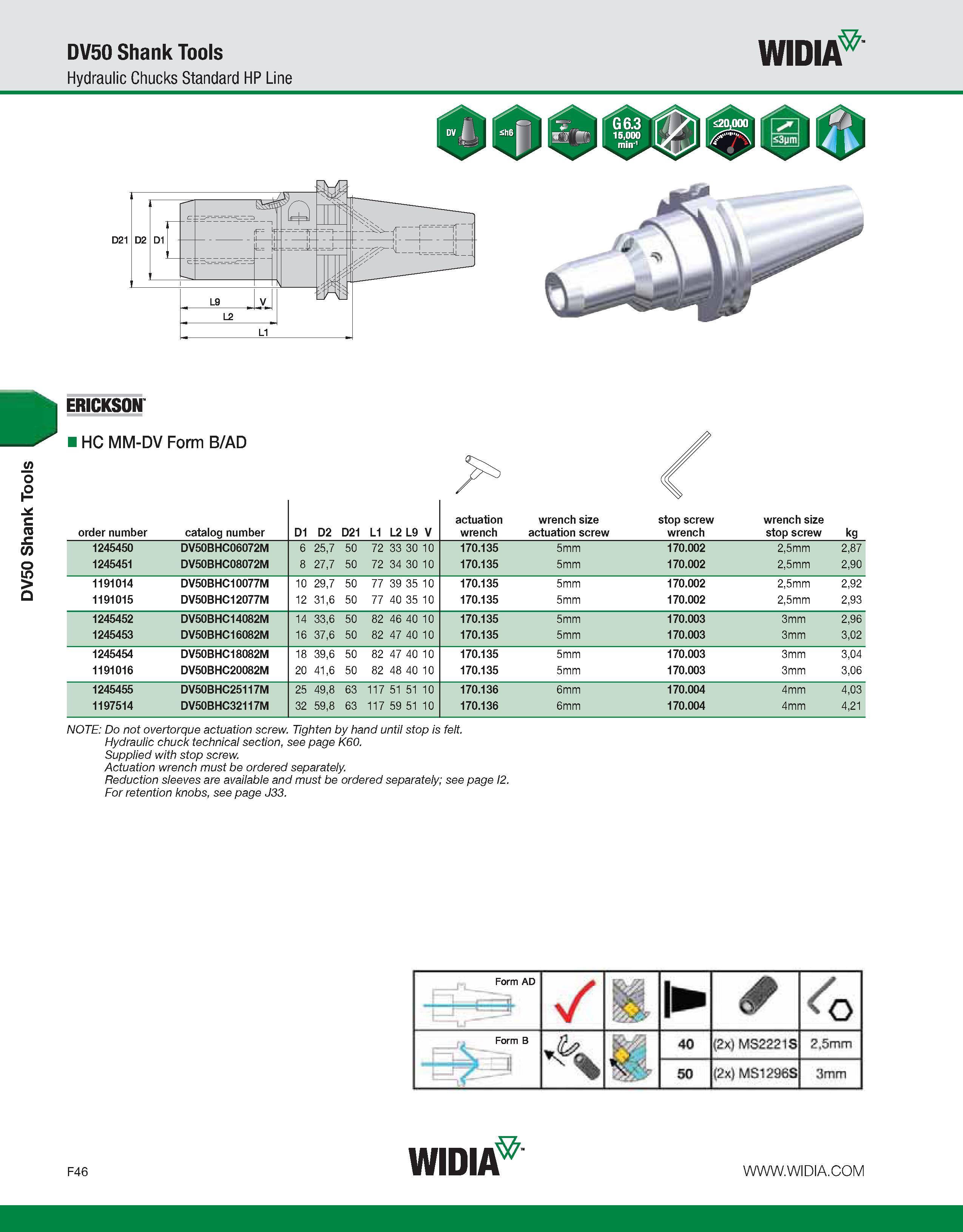 826 DV50 Shank Tools DV50 Shank Tools Hydraulic Chucks Standard HP Line WIDIA NOTE: Do not overtorque actuation screw Tighten by hand until stop is f Каталог WIDIA 2011 Инструментальная оснастка для металлорежущих станков Вспомогательный инструмент для оборудования Адаптеры Насадки Оправки Патроны Стр. F46 ENG
