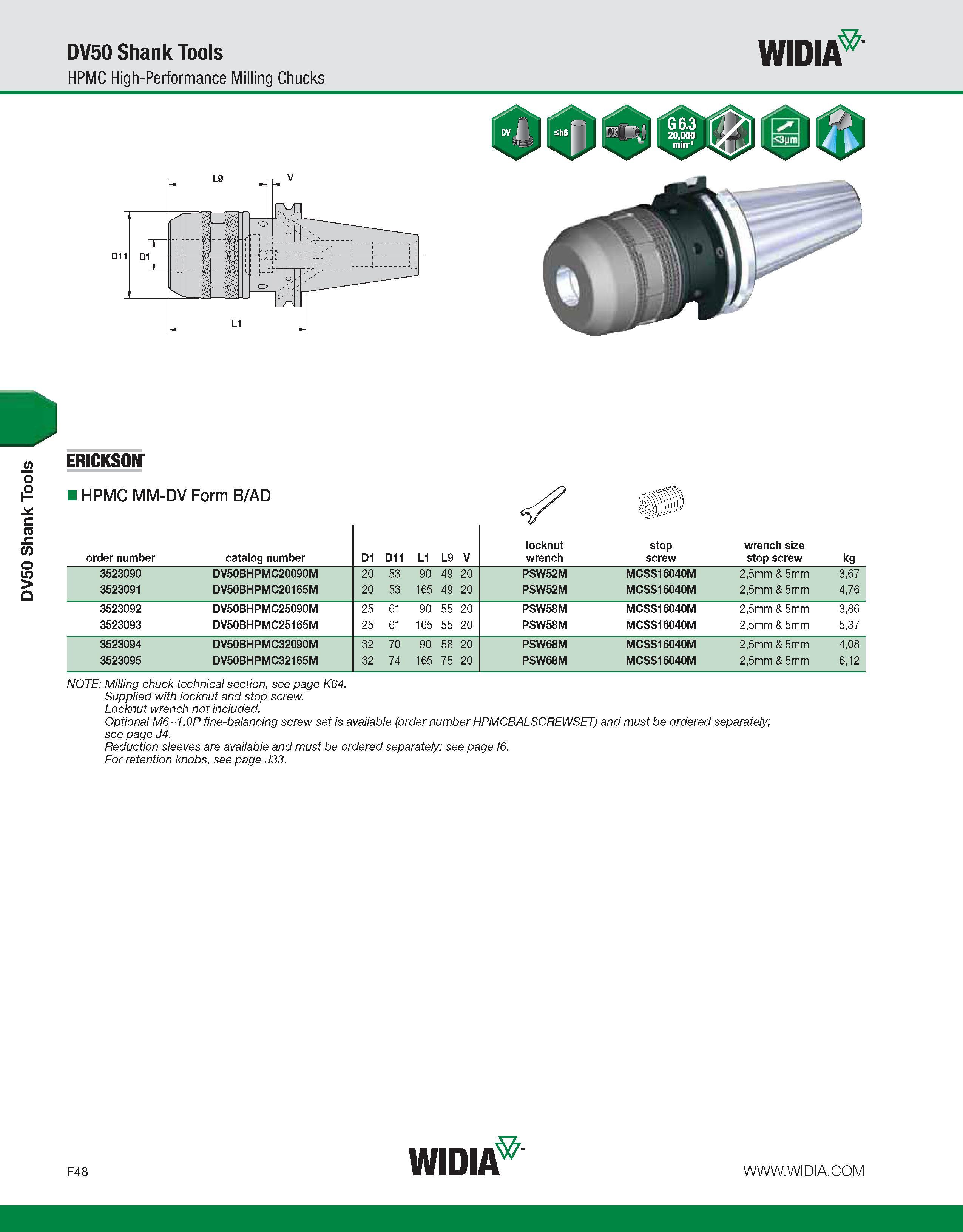 828 DV50 Shank Tools DV50 Shank Tools HPMC High-Performance Milling Chucks WIDIA order number catalog number D1 D11 L1 L9 V locknut wrench stop screw Каталог WIDIA 2011 Инструментальная оснастка для металлорежущих станков Вспомогательный инструмент для оборудования Адаптеры Насадки Оправки Патроны Стр. F48 ENG