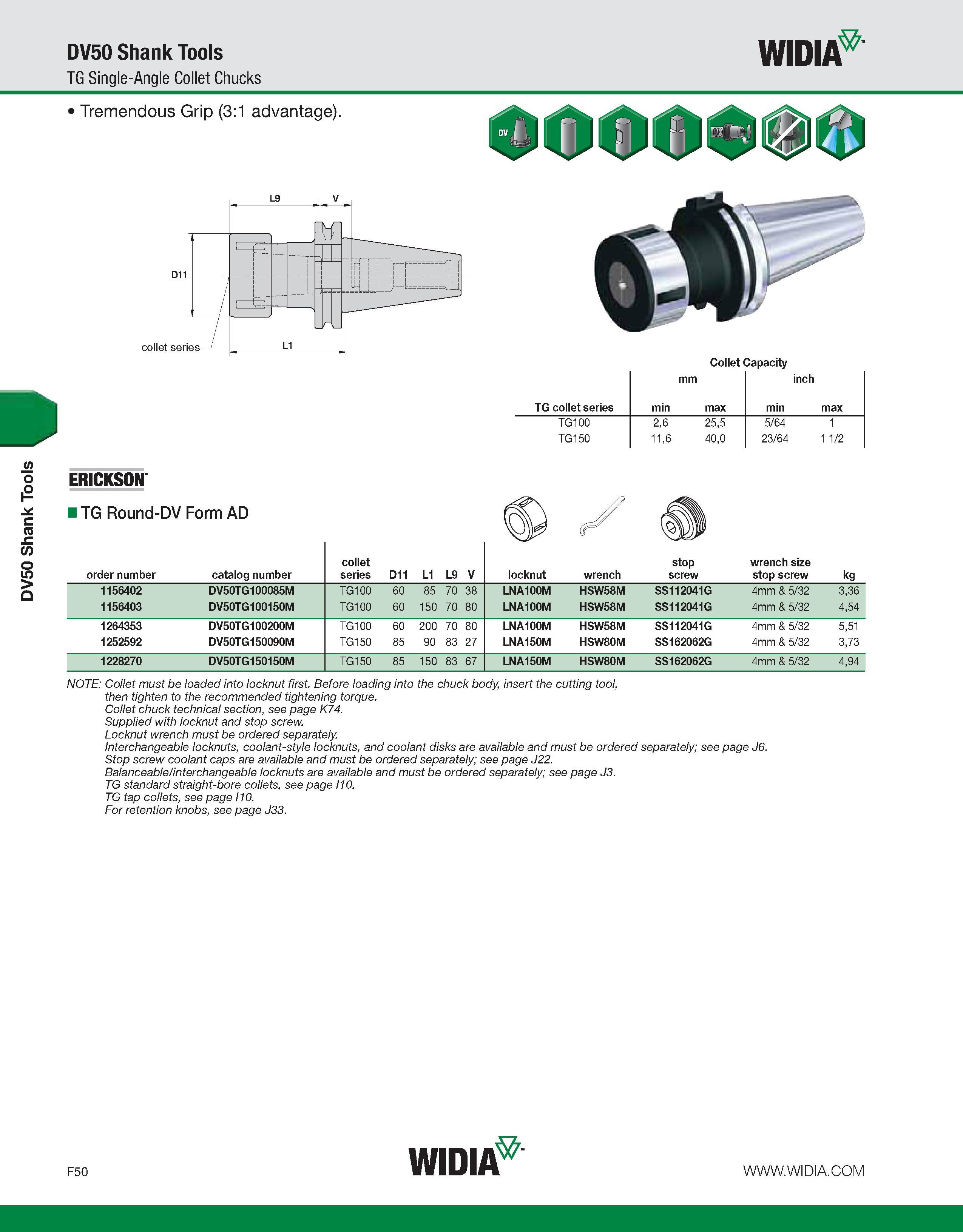 830 DV50 Shank Tools DV50 Shank Tools TG Single-Angle Collet Chucks WIDIA order number catalog number collet series D11 L1 L9 V locknut wrench stop s Каталог WIDIA 2011 Инструментальная оснастка для металлорежущих станков Вспомогательный инструмент для оборудования Адаптеры Насадки Оправки Патроны Стр. F50 ENG