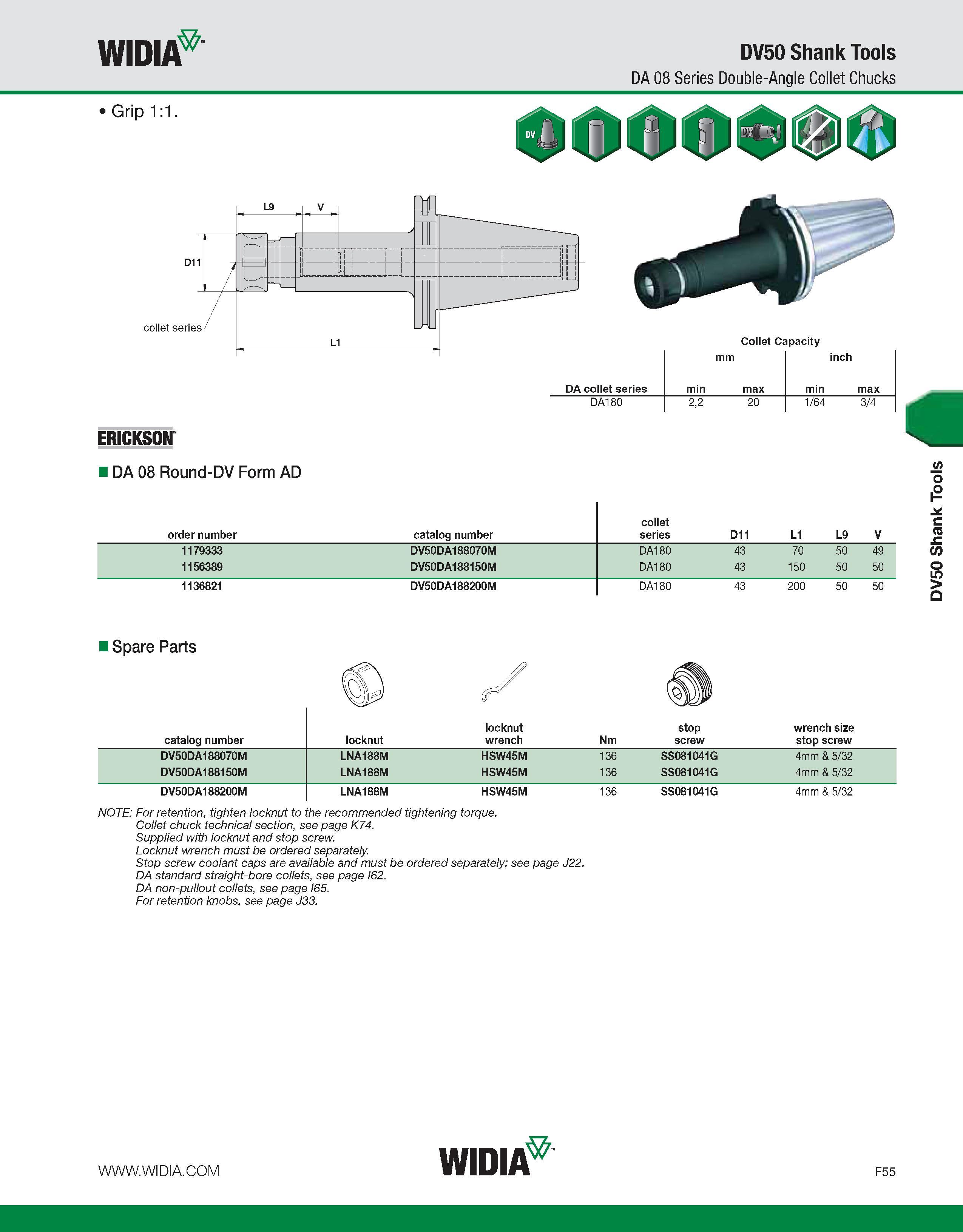 835 WIDIA DV50 Shank Tools DA 08 Series Double-Angle Collet Chucks Grip 1:1 collet series/ L9 V TO Collet Capacity mm inch DA collet series min max m Каталог WIDIA 2011 Инструментальная оснастка для металлорежущих станков Вспомогательный инструмент для оборудования Адаптеры Насадки Оправки Патроны Стр. F55 ENG