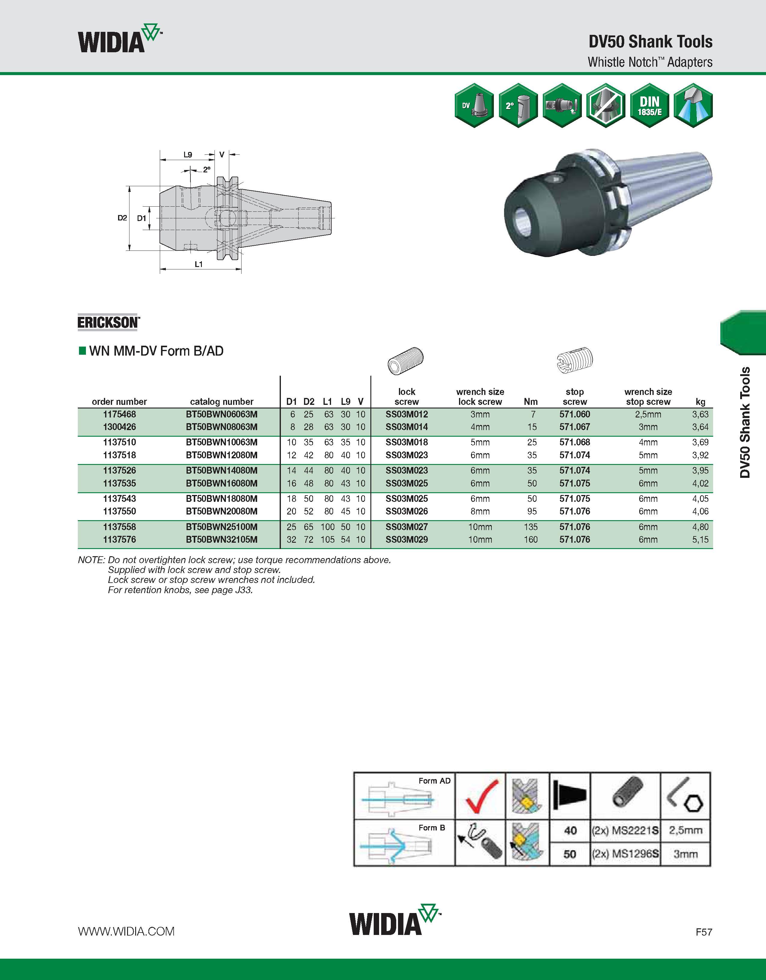 837 WIDIA DV50 Shank Tools Whistle Notch Adapters ERICKSON IWN MM-DV Form B/AD NOTE: Do not overtighten lock screw; use torque recommendations above Каталог WIDIA 2011 Инструментальная оснастка для металлорежущих станков Вспомогательный инструмент для оборудования Адаптеры Насадки Оправки Патроны Стр. F57 ENG