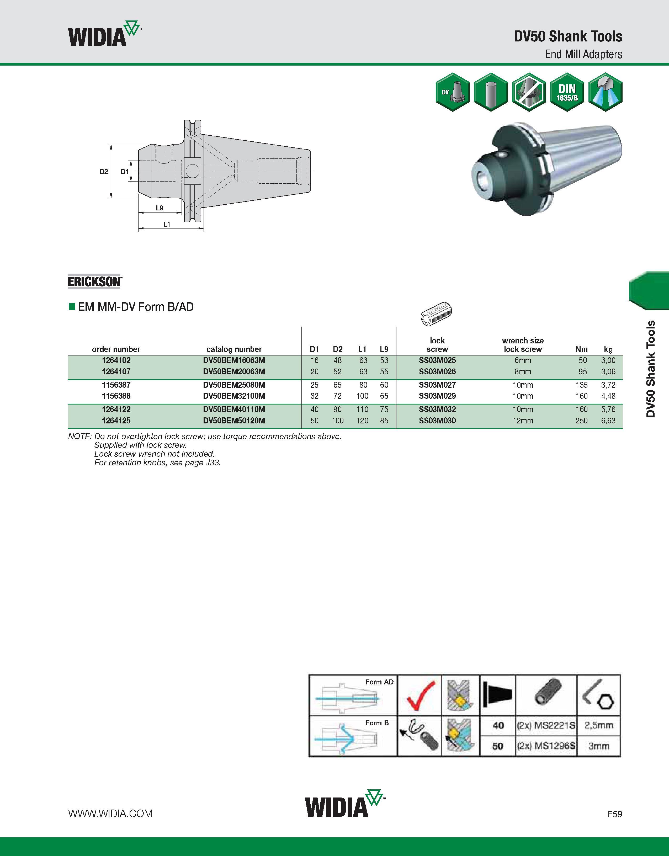 839 WIDIA DV50 Shank Tools End Mill Adapters order number catalog number D1 D2 L1 L9 lock screw wrench size lock screw Nm kg 1264102 DV50BEM16063M 16 Каталог WIDIA 2011 Инструментальная оснастка для металлорежущих станков Вспомогательный инструмент для оборудования Адаптеры Насадки Оправки Патроны Стр. F59 ENG