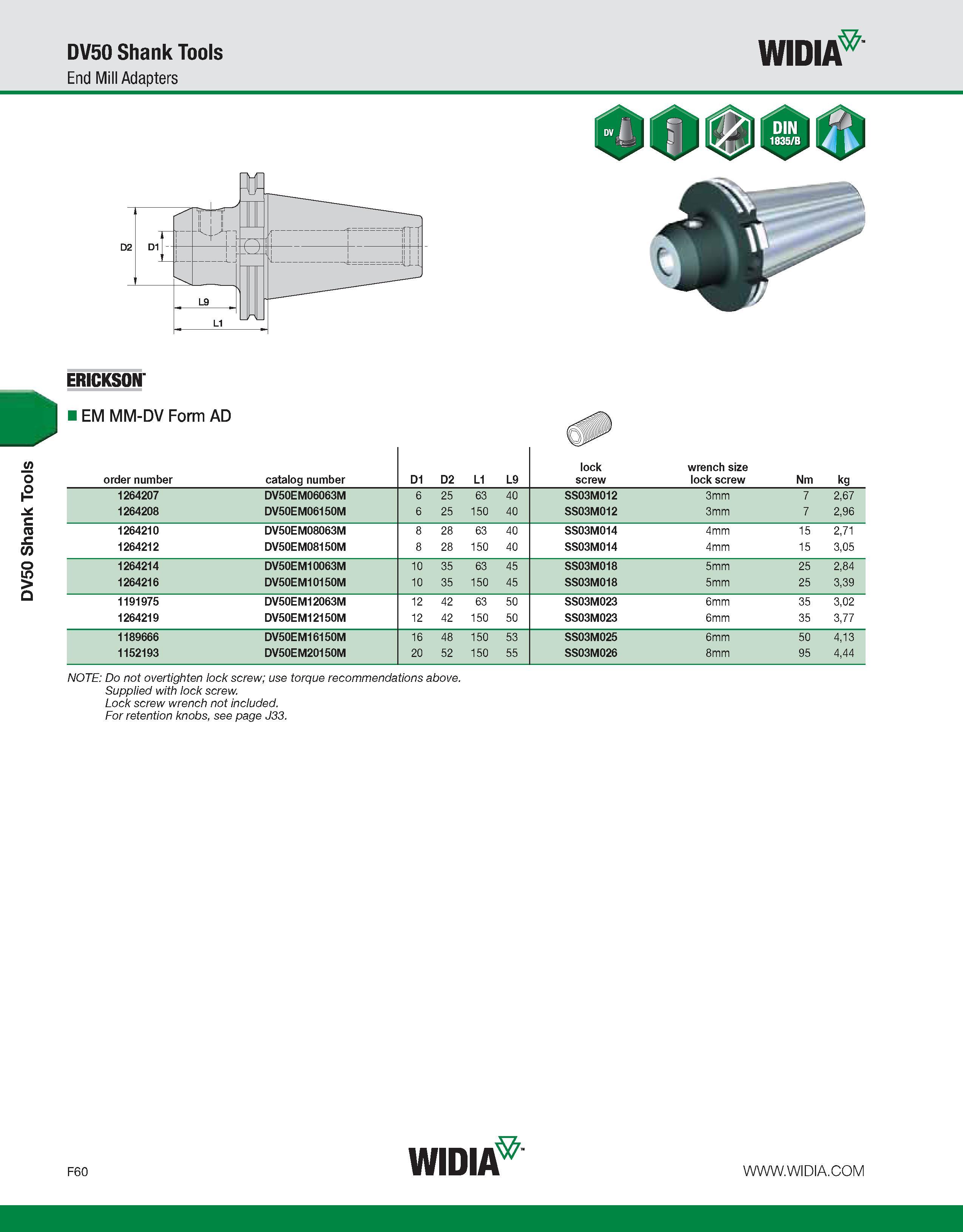 840 DV50 Shank Tools DV50 Shank Tools End Mill Adapters WIDIA ERICKSON' EM MM-DV Form AD order number catalog number D1 D2 L1 L9 lock screw wrench si Каталог WIDIA 2011 Инструментальная оснастка для металлорежущих станков Вспомогательный инструмент для оборудования Адаптеры Насадки Оправки Патроны Стр. F60 ENG