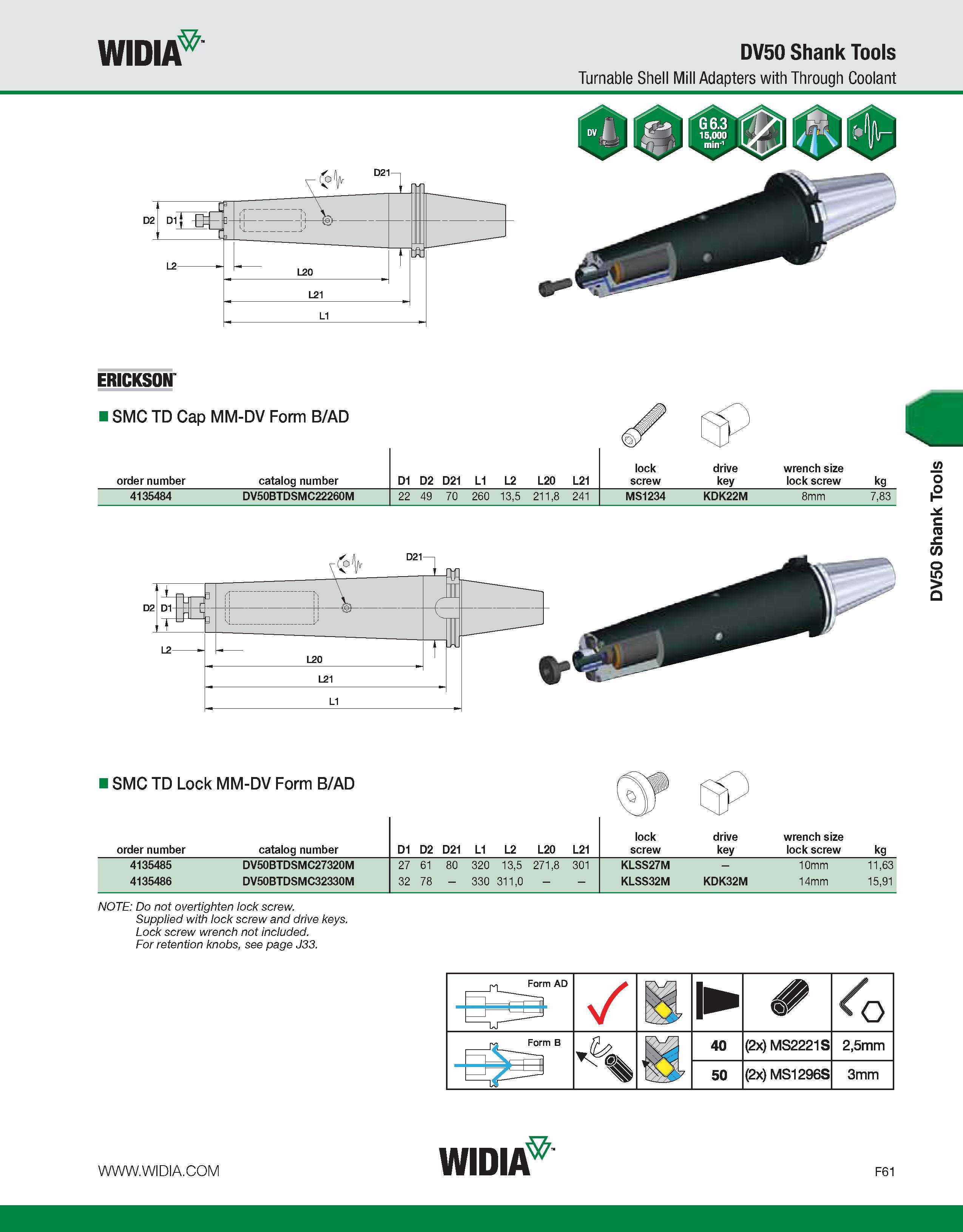 841 WIDIA DV50 Shank Tools Turnable Shell Mill Adapters with Through Coolant ERICKSON I SMC TD Cap MM-DV Form B/AD order number catalog number D1 D2 Каталог WIDIA 2011 Инструментальная оснастка для металлорежущих станков Вспомогательный инструмент для оборудования Адаптеры Насадки Оправки Патроны Стр. F61 ENG