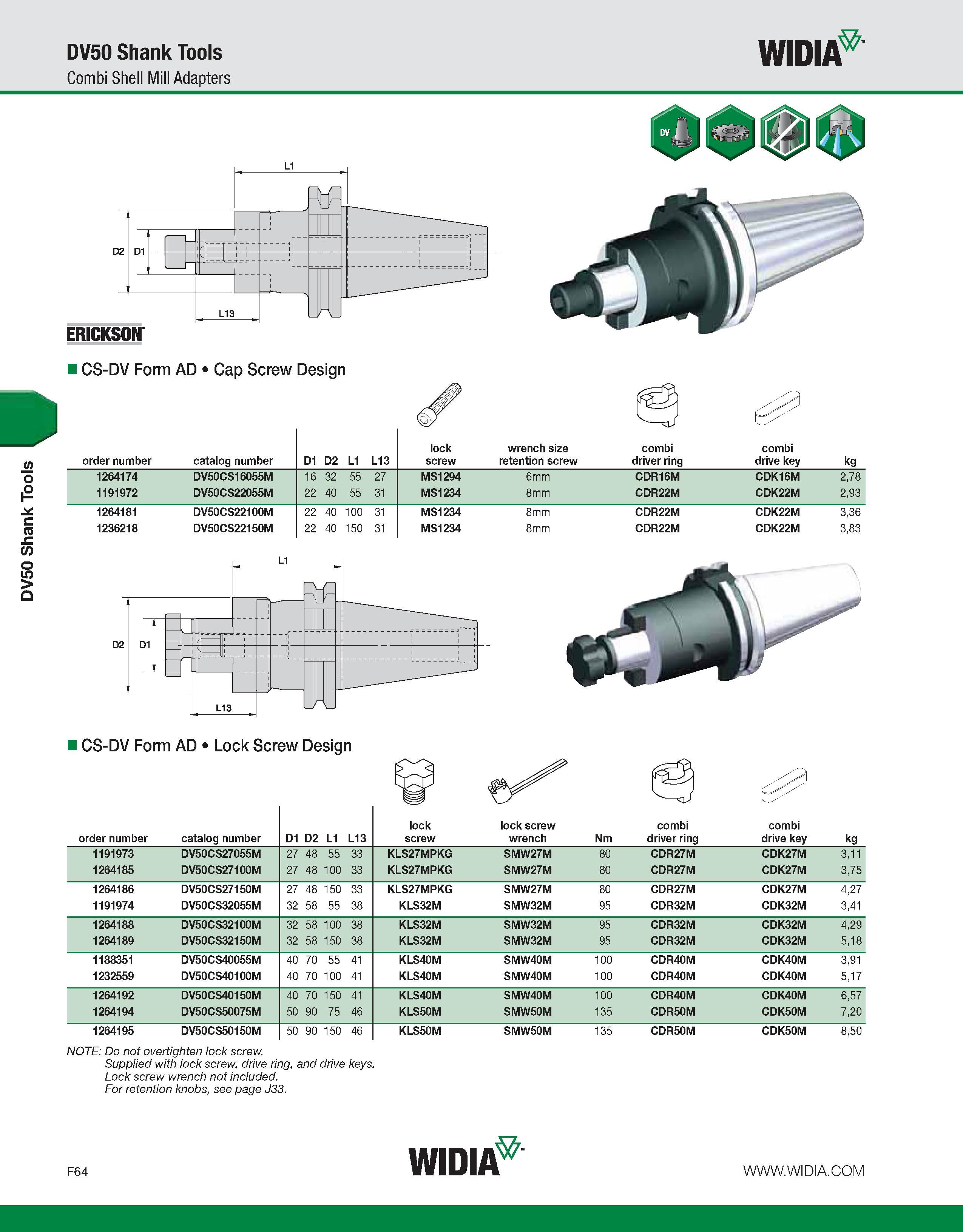 844 DV50 Shank Tools DV50 Shank Tools Combi Shell Mill Adapters WIDIA CS-DV Form AD Cap Screw Design order number catalog number D1 D2 L1 L13 lock sc Каталог WIDIA 2011 Инструментальная оснастка для металлорежущих станков Вспомогательный инструмент для оборудования Адаптеры Насадки Оправки Патроны Стр. F64 ENG