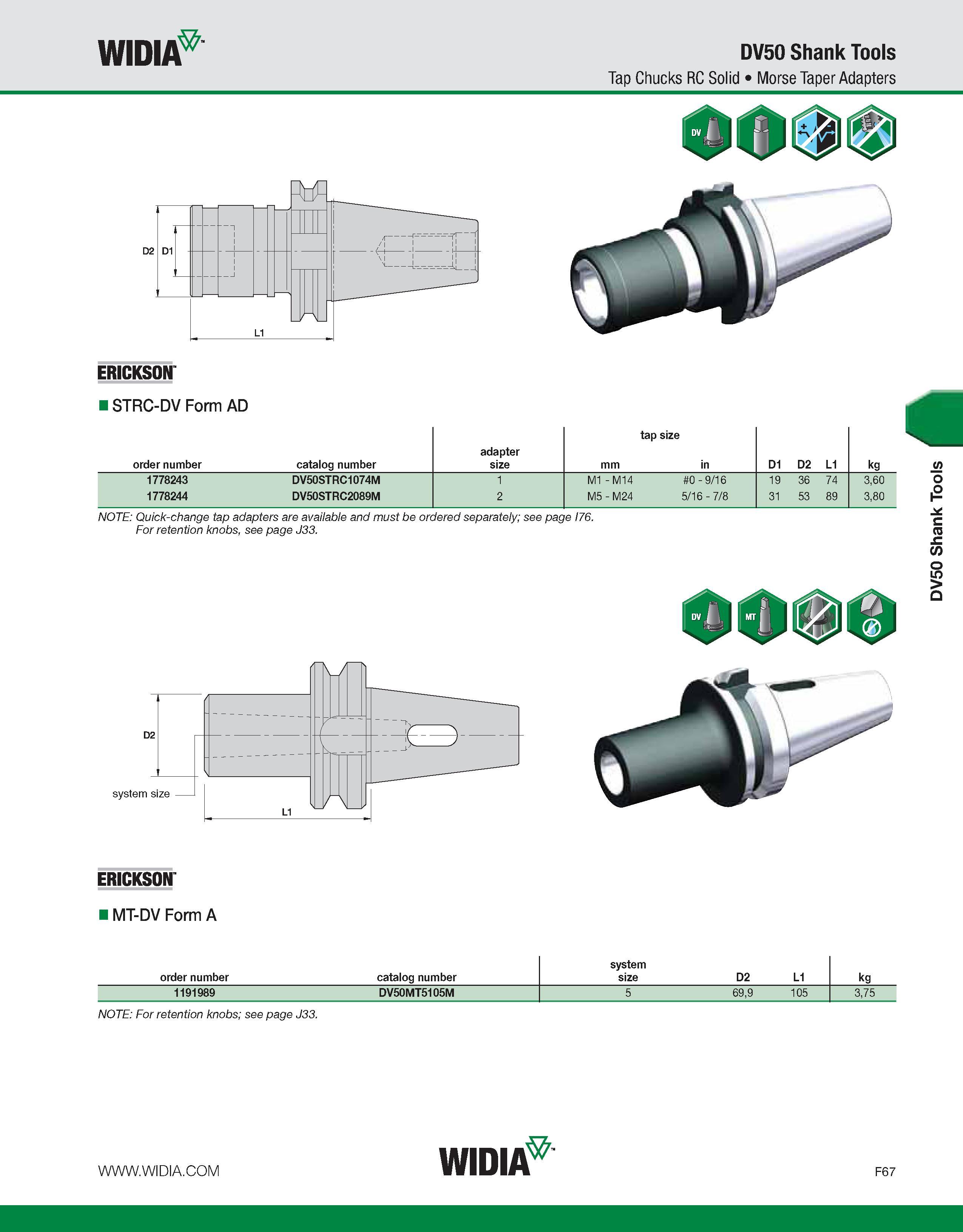 847 WIDIA DV50 Shank Tools Tap Chucks RC Solid Morse Taper Adapters ERICKSON ISTRC-DV Form AD order number catalog number adapter size tap size mm in Каталог WIDIA 2011 Инструментальная оснастка для металлорежущих станков Вспомогательный инструмент для оборудования Адаптеры Насадки Оправки Патроны Стр. F67 ENG