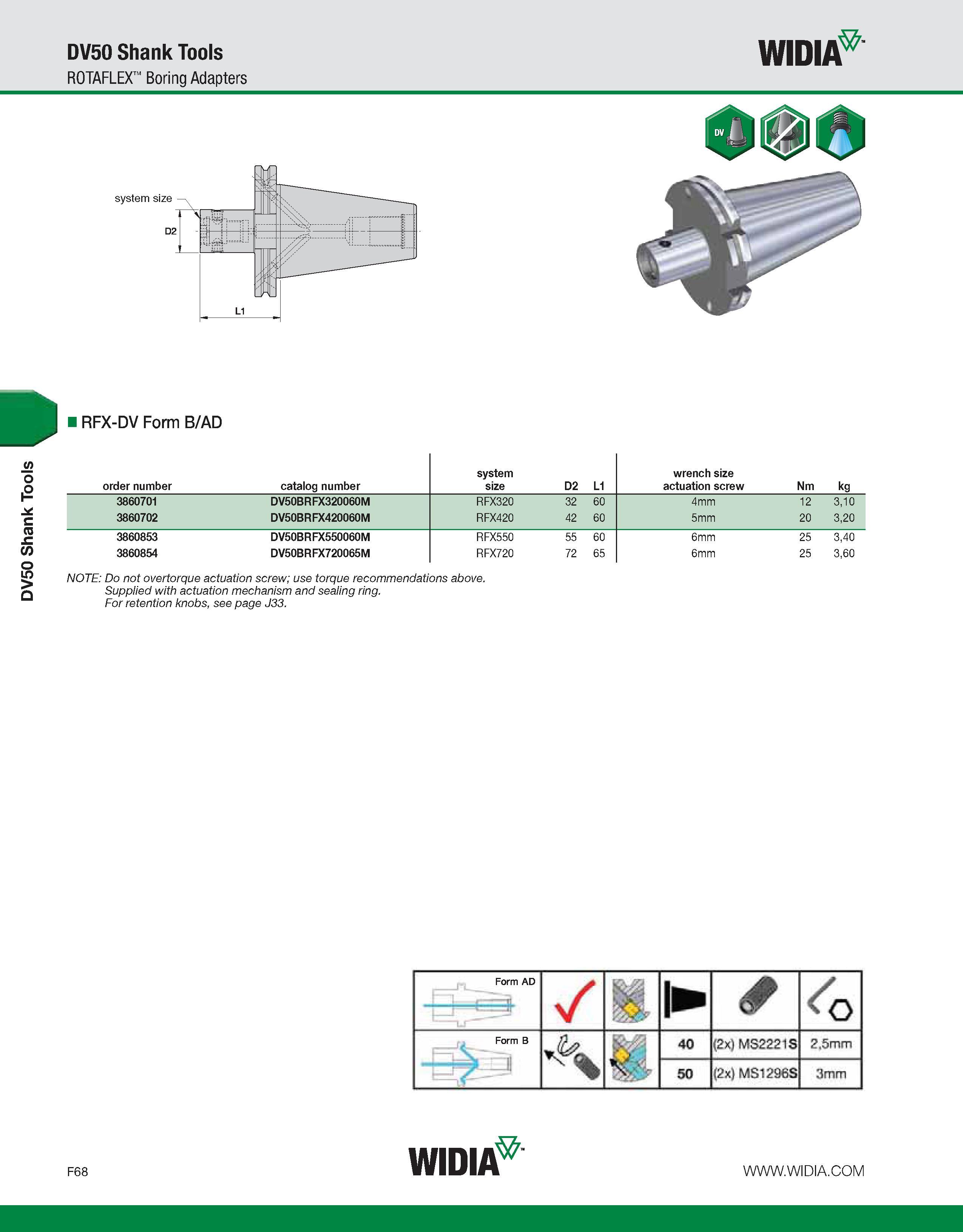 848 DV50 Shank Tools DV50 Shank Tools ROTAFLEX Boring Adapters WIDIA RFX-DV Form B/AD order number catalog number system size D2 L1 wrench size actua Каталог WIDIA 2011 Инструментальная оснастка для металлорежущих станков Вспомогательный инструмент для оборудования Адаптеры Насадки Оправки Патроны Стр. F68 ENG