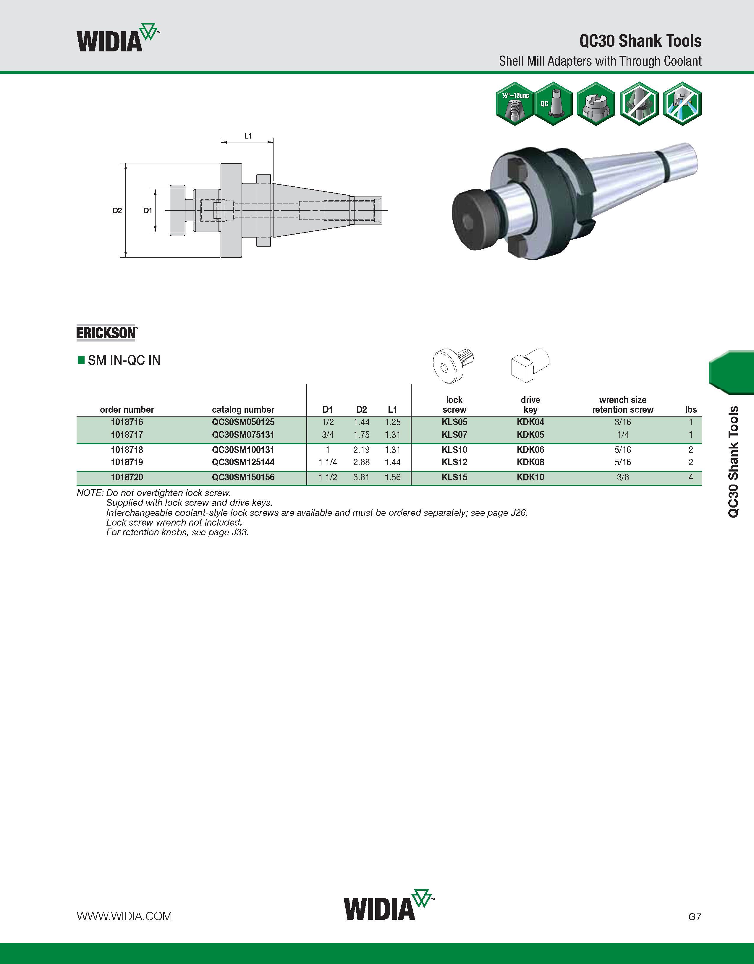 859 WIDIA QC30 Shank Tools Shell Mill Adapters with Through Coolant ERICKSON SM IN-QC IN order number catalog number D1 D2 L1 lock screw drive key wr Каталог WIDIA 2011 Инструментальная оснастка для металлорежущих станков Вспомогательный инструмент для оборудования Адаптеры Насадки Оправки Патроны Стр. G7 ENG