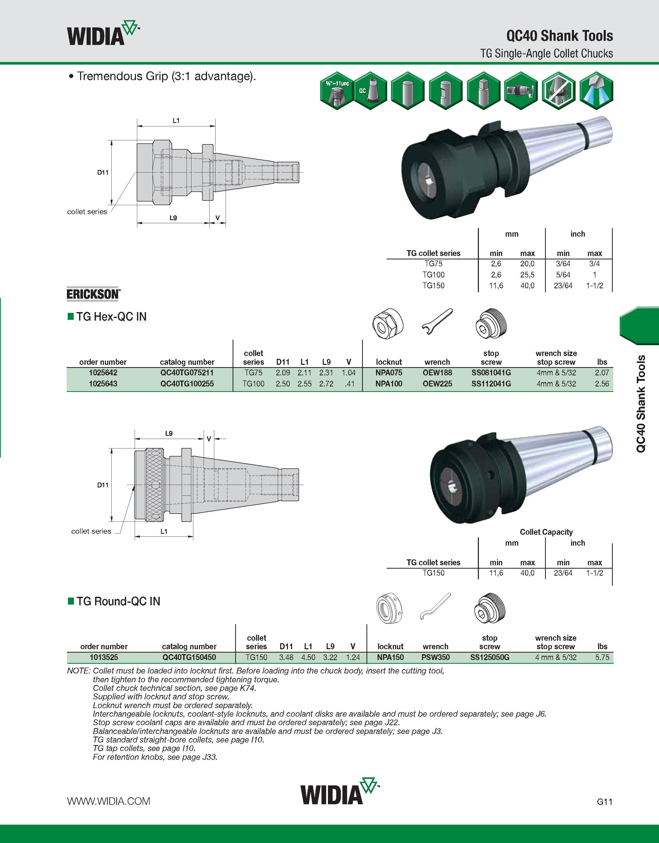 863 WIDIA QC40 Shank Tools TG Single-Angle Collet Chucks Tremendous Grip (3:1 advantage) ERICKSON TG collet series min mm max inch min max TG75 2,6 2 Каталог WIDIA 2011 Инструментальная оснастка для металлорежущих станков Вспомогательный инструмент для оборудования Адаптеры Насадки Оправки Патроны Стр. G11 ENG