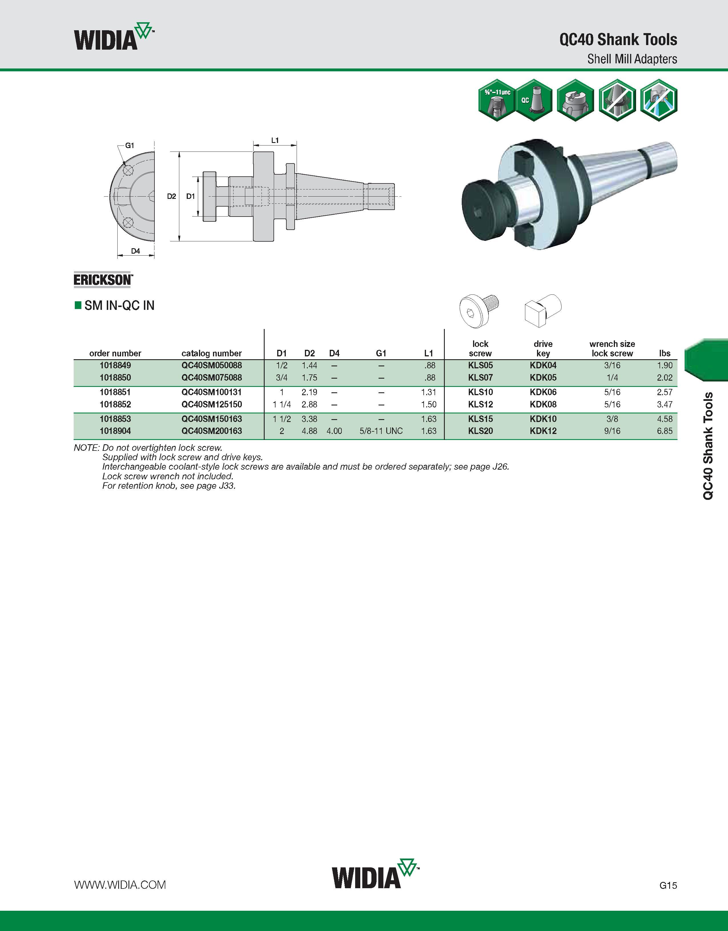 867 WIDIA QC40 Shank Tools Shell Mill Adapters D2 D1 ERICKSON ISM IN-QC IN order number catalog number D1 D2 D4 G1 L1 lock screw drive key wrench siz Каталог WIDIA 2011 Инструментальная оснастка для металлорежущих станков Вспомогательный инструмент для оборудования Адаптеры Насадки Оправки Патроны Стр. G15 ENG