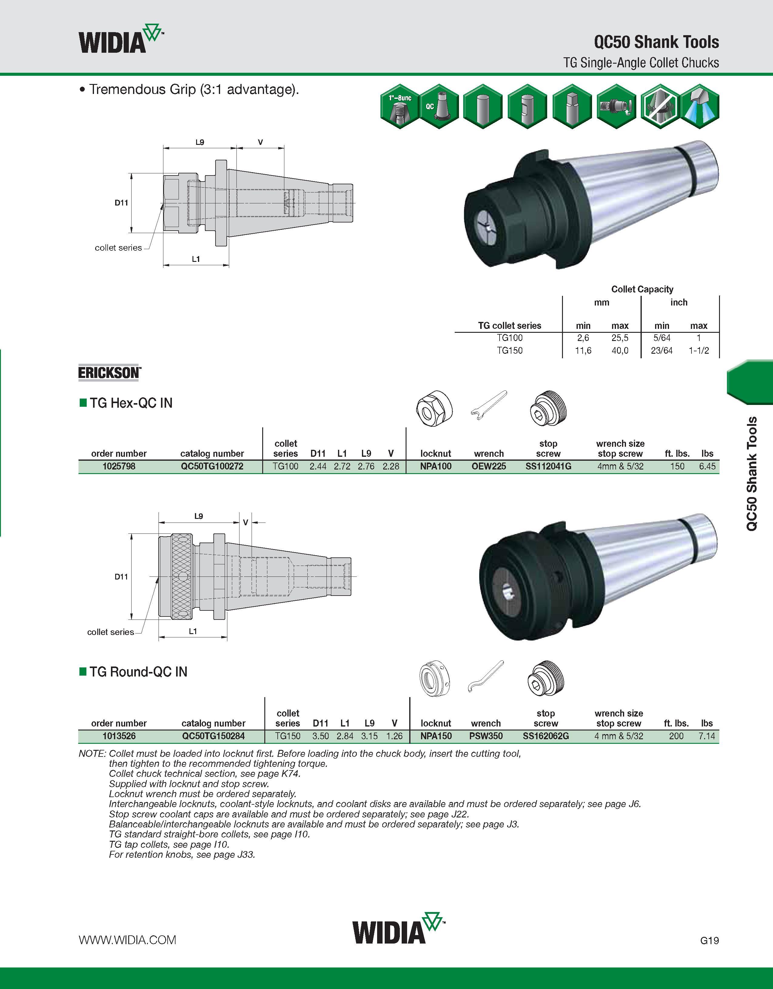871 WIDIA QC50 Shank Tools TG Single-Angle Collet Chucks Tremendous Grip (3:1 advantage) Collet Capacity mm inch TG collet series min max min max TG1 Каталог WIDIA 2011 Инструментальная оснастка для металлорежущих станков Вспомогательный инструмент для оборудования Адаптеры Насадки Оправки Патроны Стр. G19 ENG