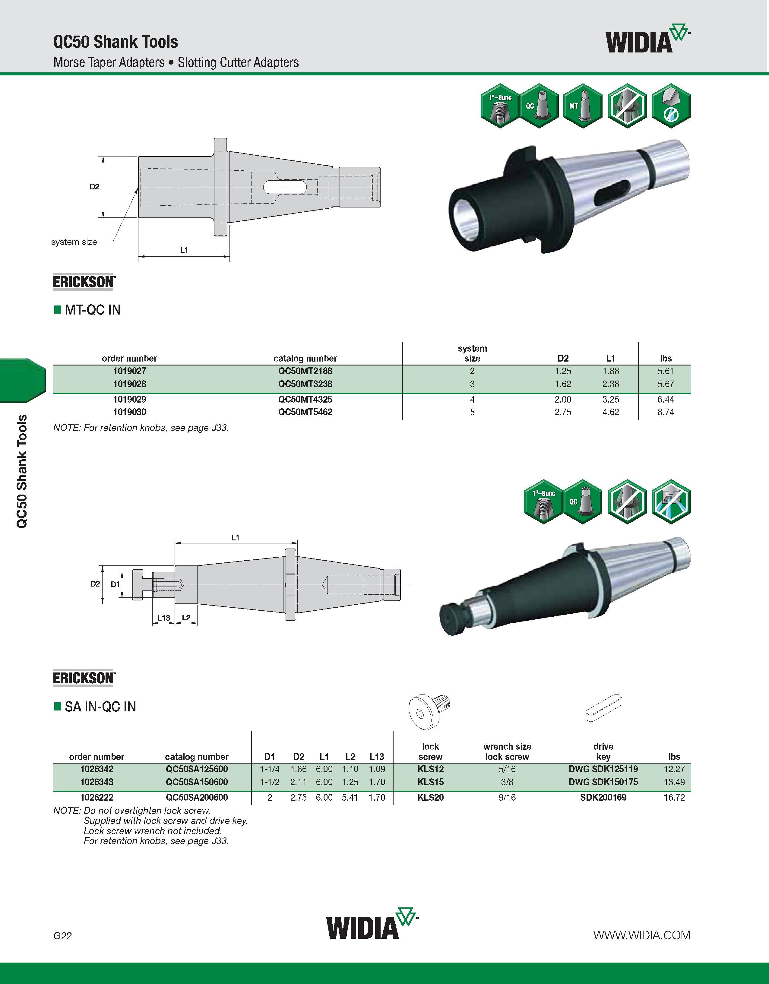 874 QC50 Shank Tools QC50 Shank Tools WIDIA Morse Taper Adapters Slotting Cutter Adapters ERICKSON MT-QC IN order number catalog number system size D Каталог WIDIA 2011 Инструментальная оснастка для металлорежущих станков Вспомогательный инструмент для оборудования Адаптеры Насадки Оправки Патроны Стр. G22 ENG