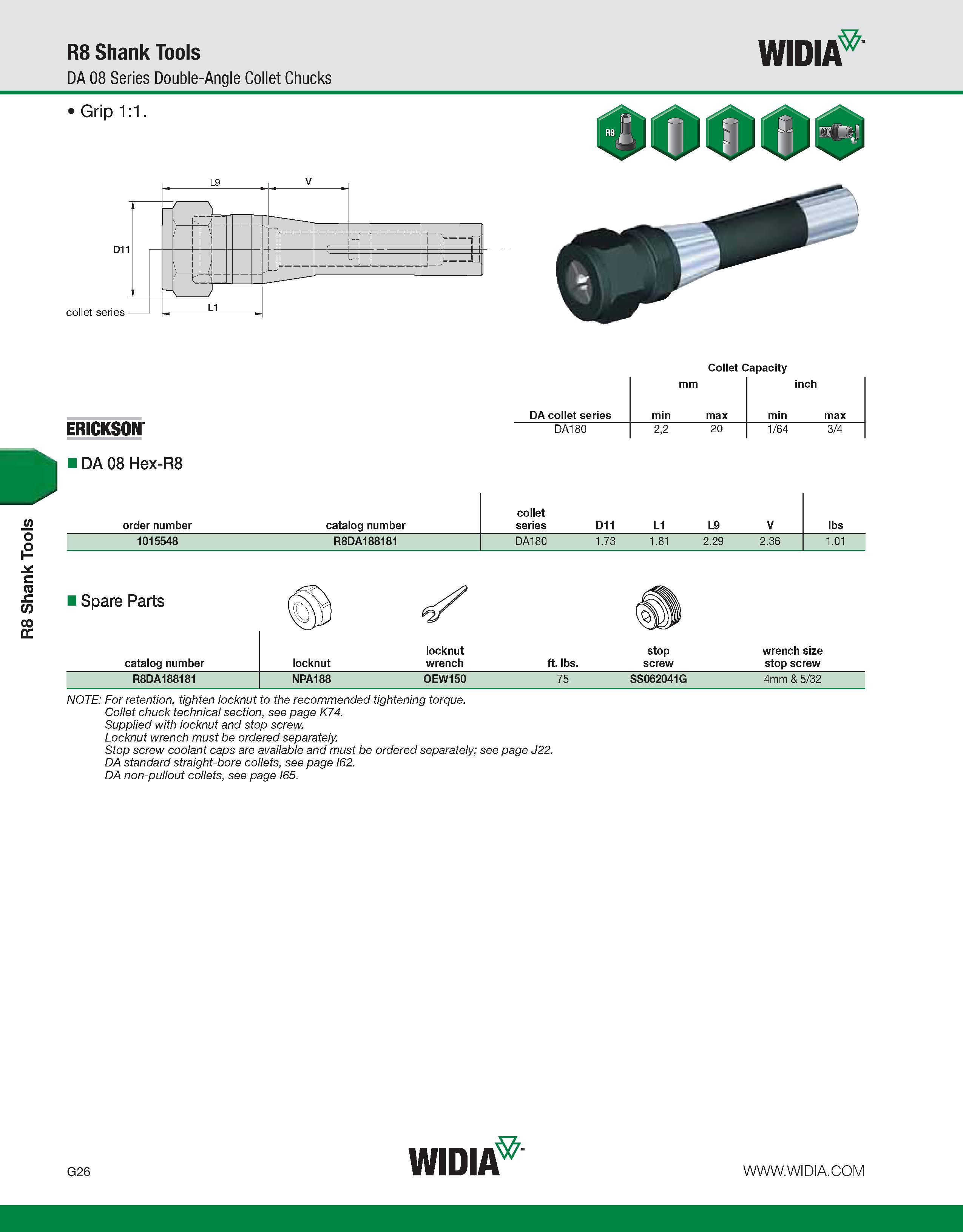 878 R8 Shank Tools R8 Shank Tools DA 08 Series Double-Angle Collet Chucks WIDIA ERICKSON DA 08 Hex-R8 Collet Capacity mm inch DA collet series min ma Каталог WIDIA 2011 Инструментальная оснастка для металлорежущих станков Вспомогательный инструмент для оборудования Адаптеры Насадки Оправки Патроны Стр. G26 ENG