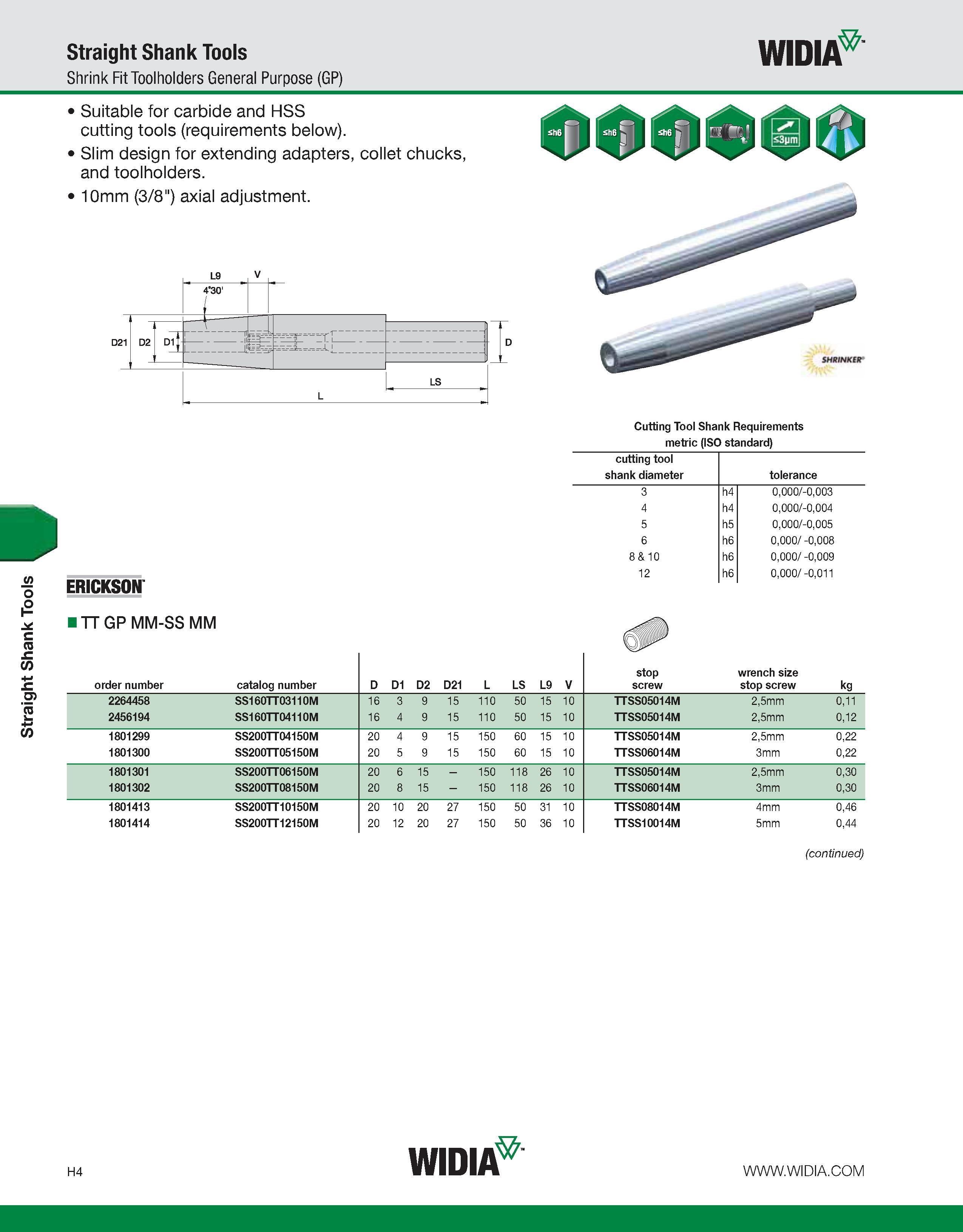 884 Straight Shank Tools Straight Shank Tools Shrink Fit Toolholders General Purpose (GP) WIDIA Suitable for carbide and HSS cutting tools (requireme Каталог WIDIA 2011 Инструментальная оснастка для металлорежущих станков Вспомогательный инструмент для оборудования Адаптеры Насадки Оправки Патроны Стр. H4 ENG
