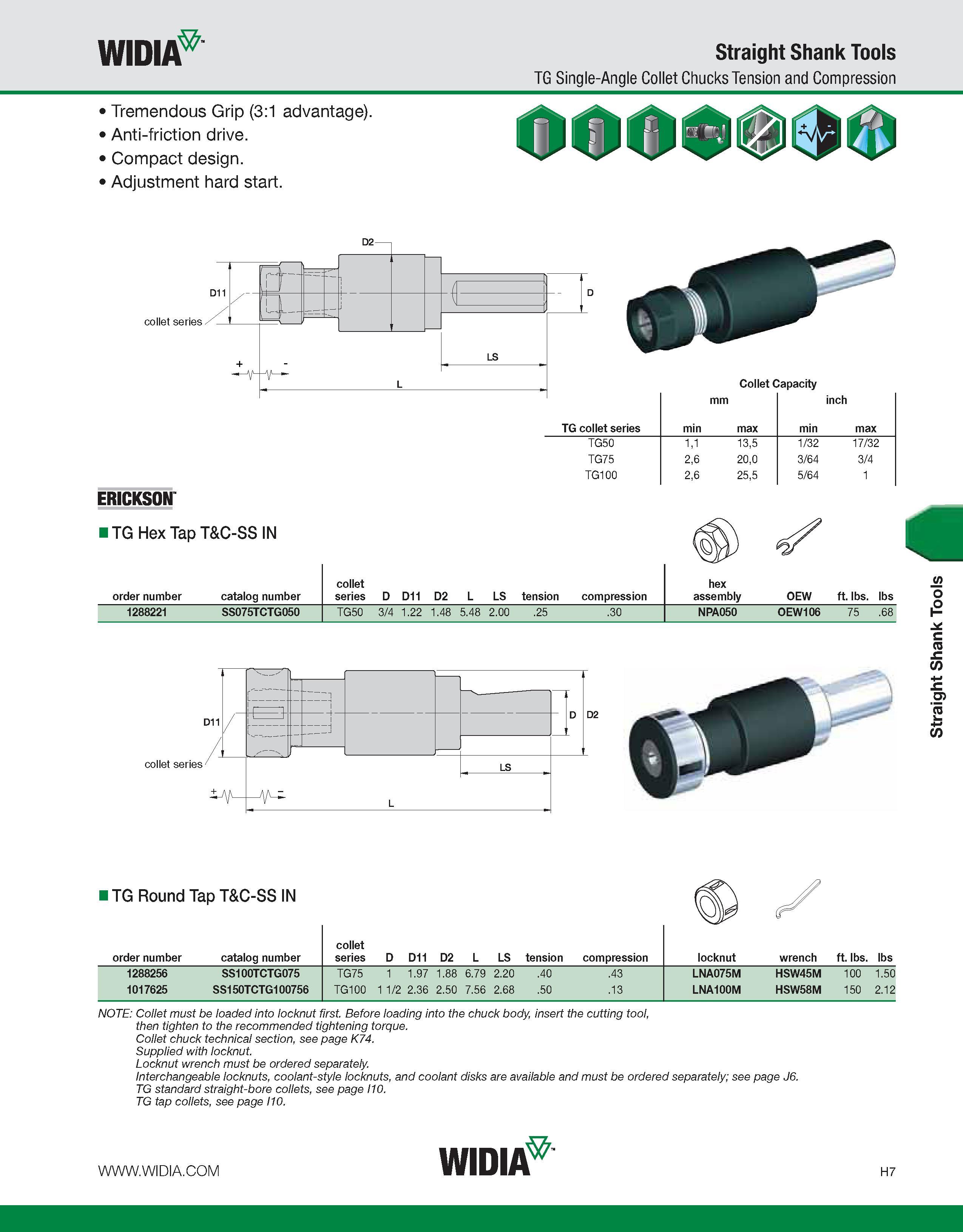 887 WIDIA Straight Shank Tools TG Single-Angle Collet Chucks Tension and Compression Tremendous Grip (3:1 advantage) Anti-friction drive Compact desi Каталог WIDIA 2011 Инструментальная оснастка для металлорежущих станков Вспомогательный инструмент для оборудования Адаптеры Насадки Оправки Патроны Стр. H7 ENG
