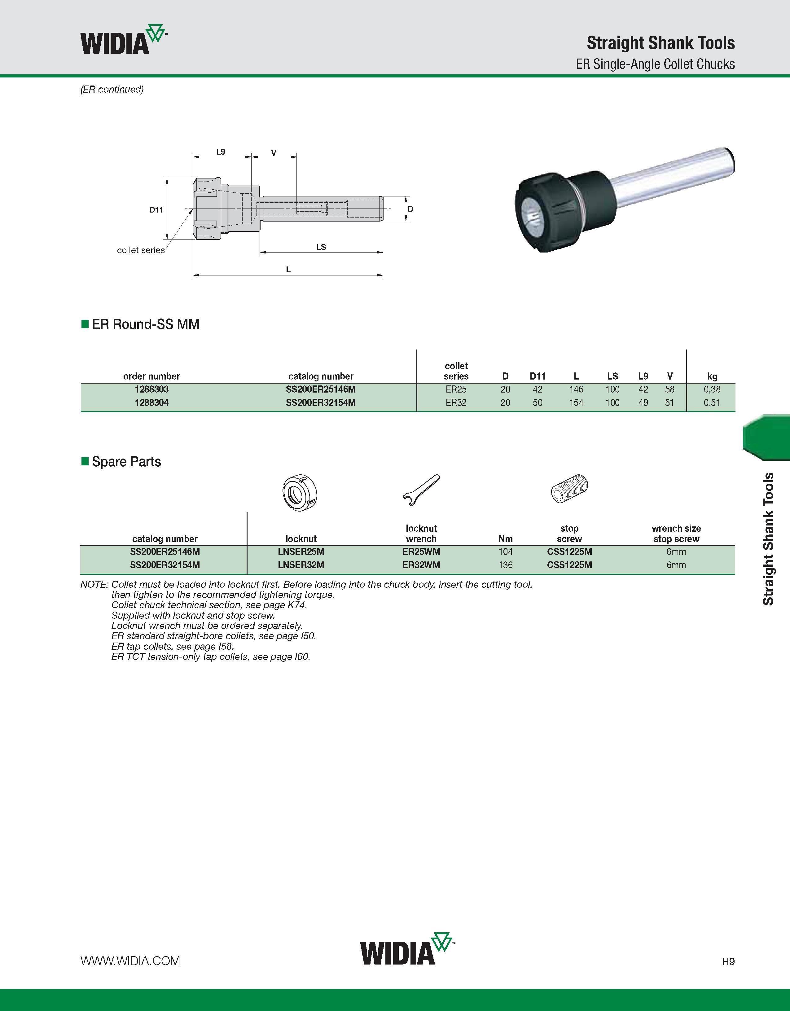 889 WIDIA Straight Shank Tools ER Single-Angle Collet Chucks (ER continued) I ER Round-SS MM order number catalog number collet series D D11 L LS L9 Каталог WIDIA 2011 Инструментальная оснастка для металлорежущих станков Вспомогательный инструмент для оборудования Адаптеры Насадки Оправки Патроны Стр. H9 ENG
