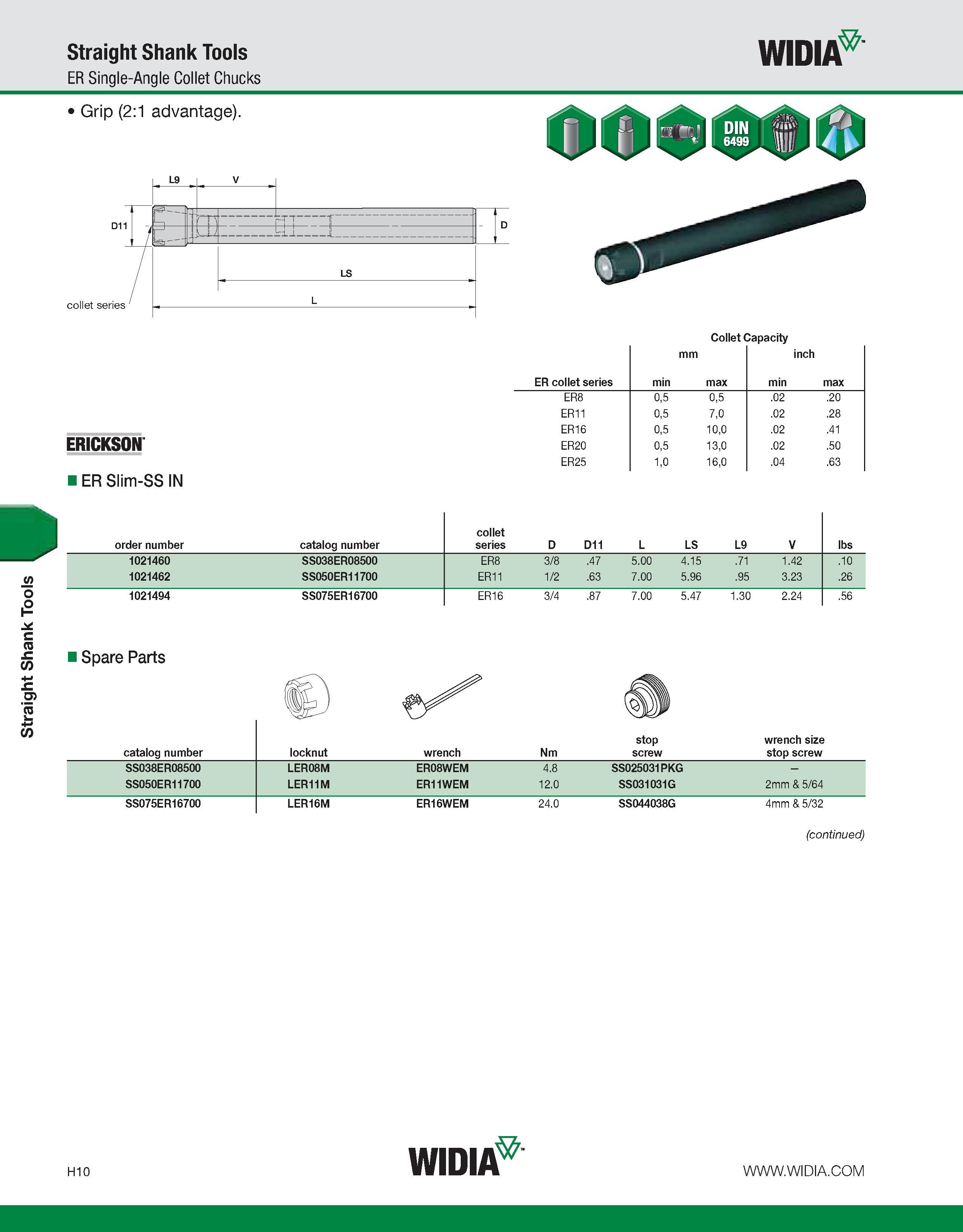 890 Straight Shank Tools Straight Shank Tools ER Single-Angle Collet Chucks WIDIA ERICKSON ER Slim-SS IN Collet Capacity ER collet series min mm max Каталог WIDIA 2011 Инструментальная оснастка для металлорежущих станков Вспомогательный инструмент для оборудования Адаптеры Насадки Оправки Патроны Стр. H10 ENG