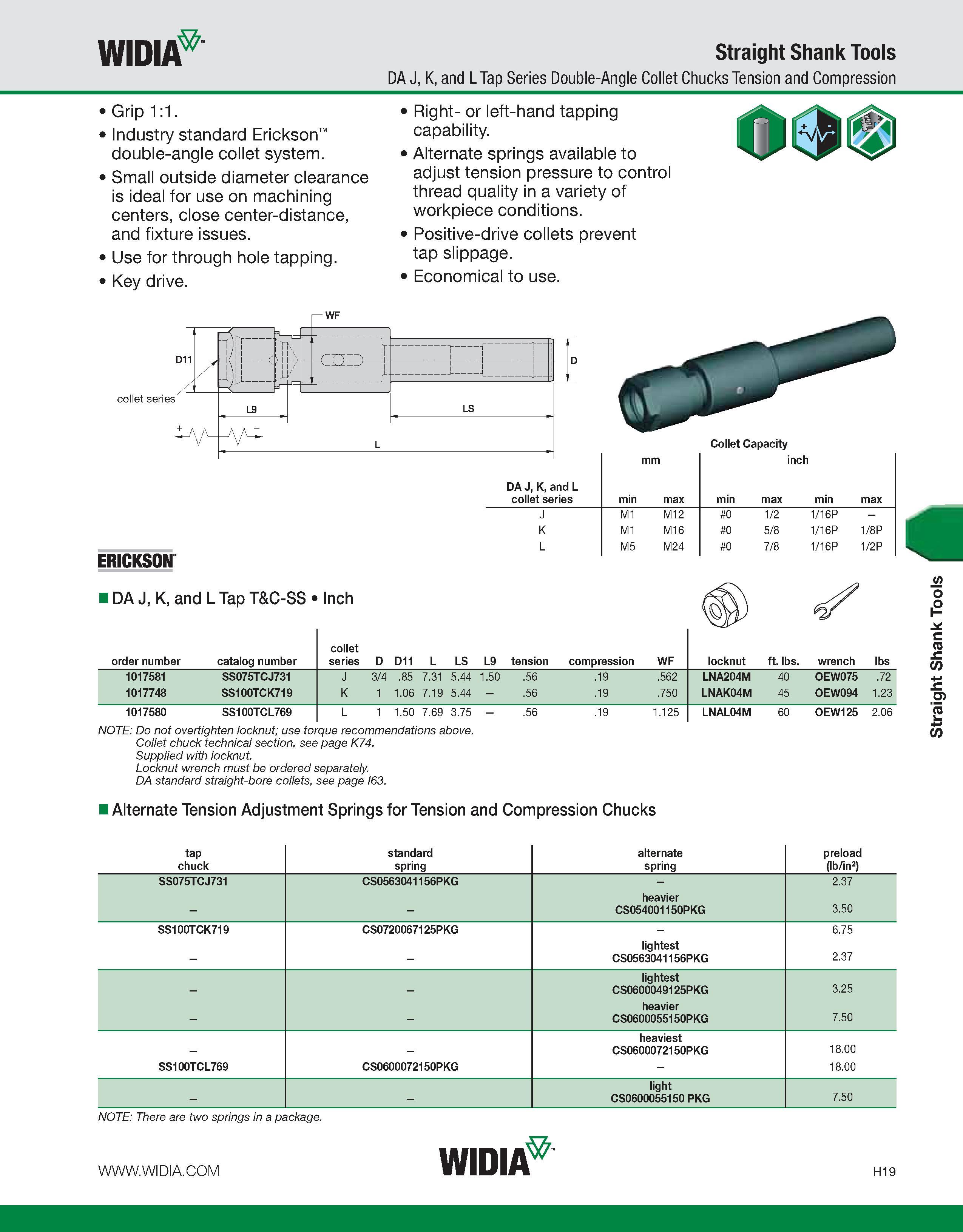 899 WIDIA Straight Shank Tools DA J, K, and L Tap Series Double-Angle Collet Chucks Tension and Compression Grip 1:1 Industry standard Erickson doubl Каталог WIDIA 2011 Инструментальная оснастка для металлорежущих станков Вспомогательный инструмент для оборудования Адаптеры Насадки Оправки Патроны Стр. H19 ENG