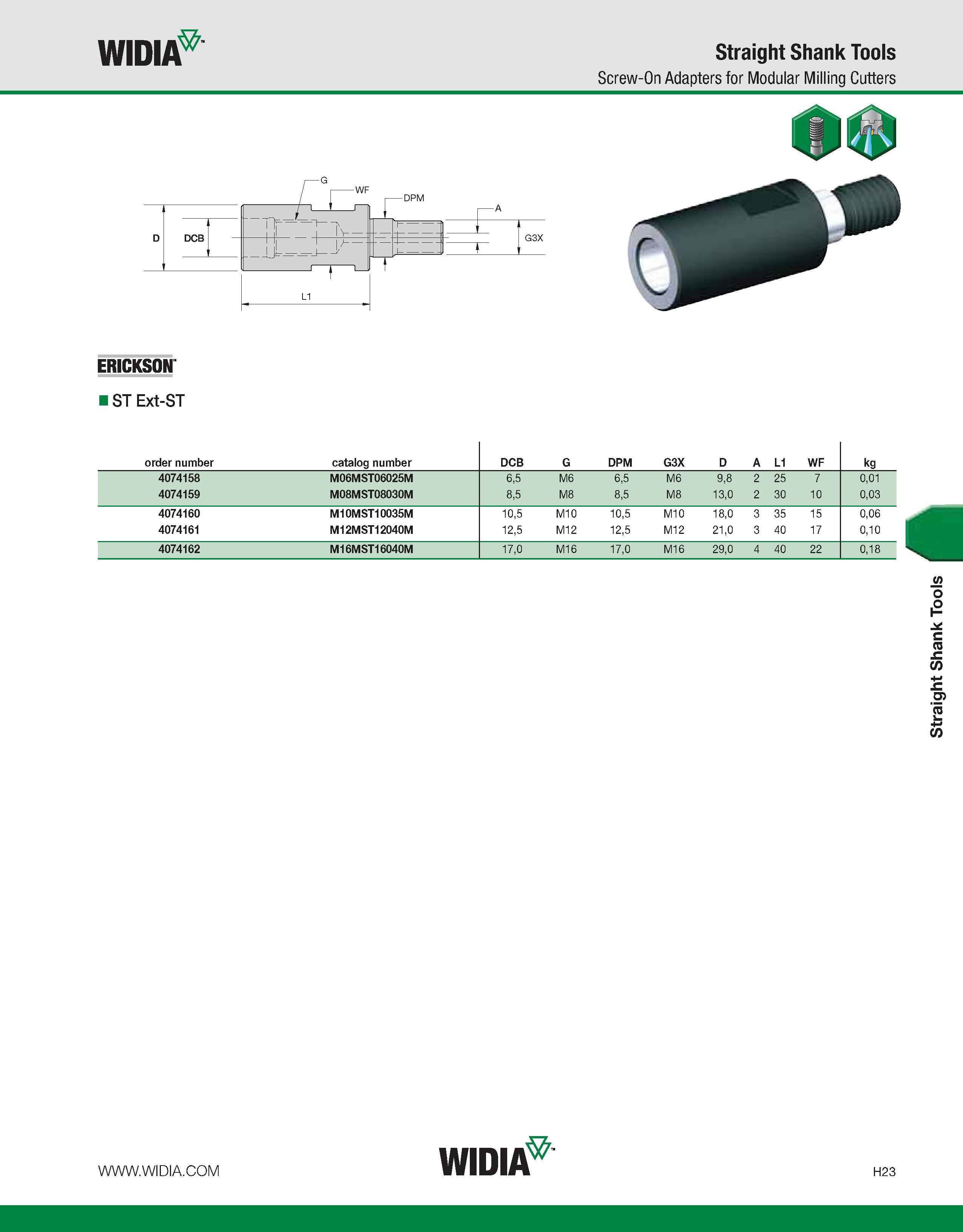 903 WIDIA Straight Shank Tools Screw-On Adapters for Modular Milling Cutters ERICKSON ST Ext-ST order number catalog number DCB G DPM G3X D A L1 WF k Каталог WIDIA 2011 Инструментальная оснастка для металлорежущих станков Вспомогательный инструмент для оборудования Адаптеры Насадки Оправки Патроны Стр. H23 ENG