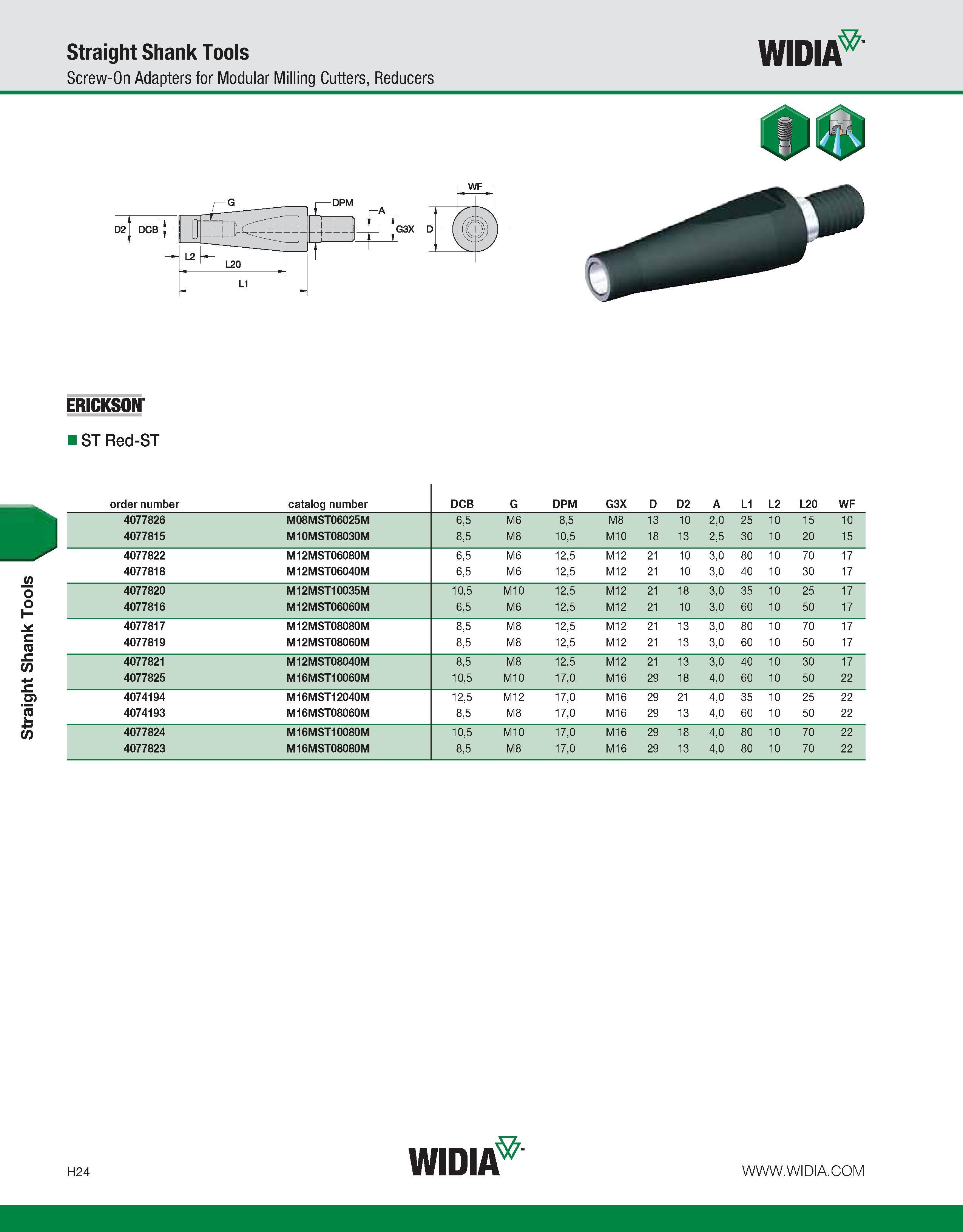 904 Straight Shank Tools Straight Shank Tools Screw-On Adapters for Modular Milling Cutters, Reducers WIDIA ERICKSON ST Red-ST order number catalog n Каталог WIDIA 2011 Инструментальная оснастка для металлорежущих станков Вспомогательный инструмент для оборудования Адаптеры Насадки Оправки Патроны Стр. H24 ENG