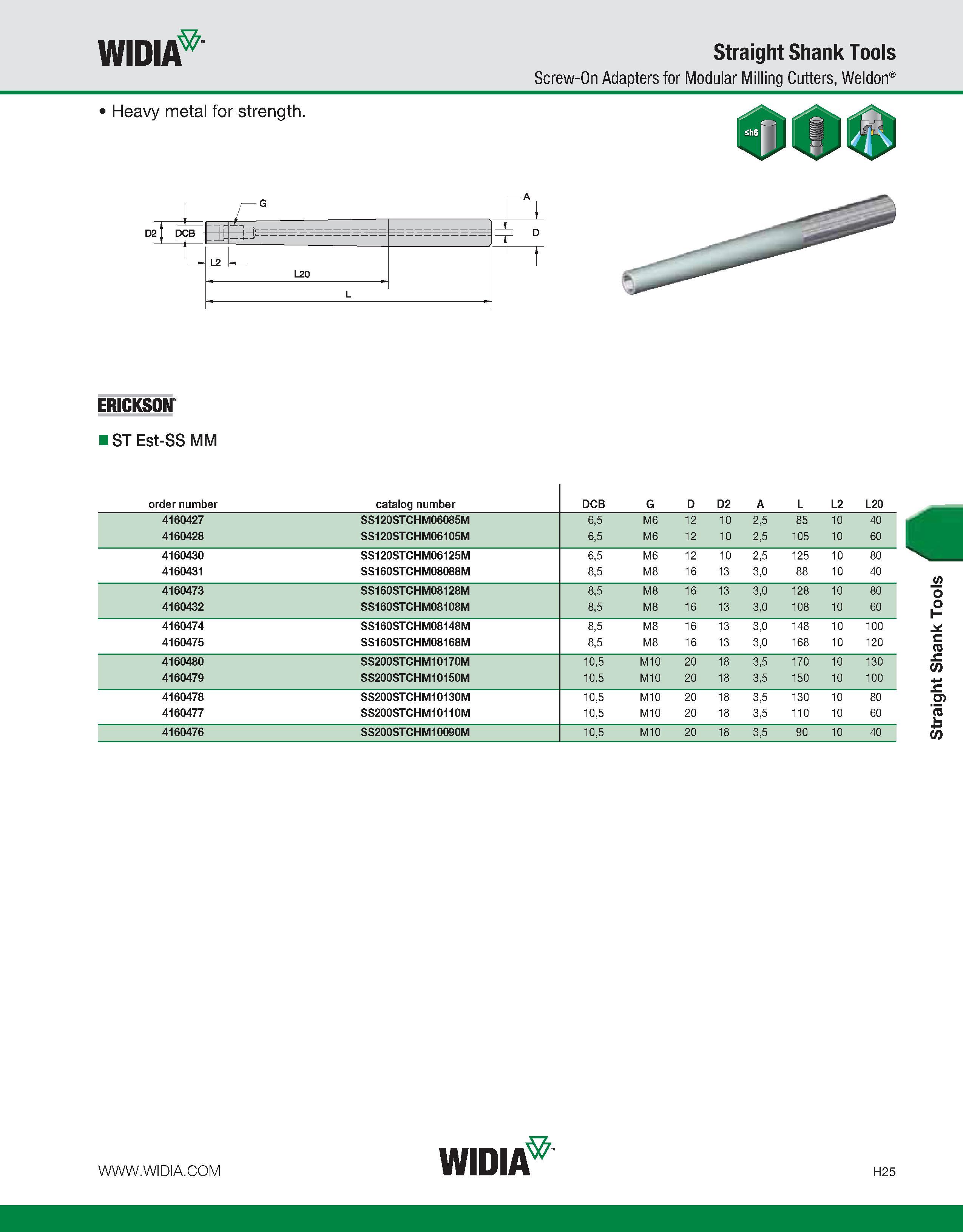 905 WIDIA Straight Shank Tools Screw-On Adapters for Modular Milling Cutters, Weldon Heavy metal for strength ERICKSON I ST Est-SS MM order number ca Каталог WIDIA 2011 Инструментальная оснастка для металлорежущих станков Вспомогательный инструмент для оборудования Адаптеры Насадки Оправки Патроны Стр. H25 ENG