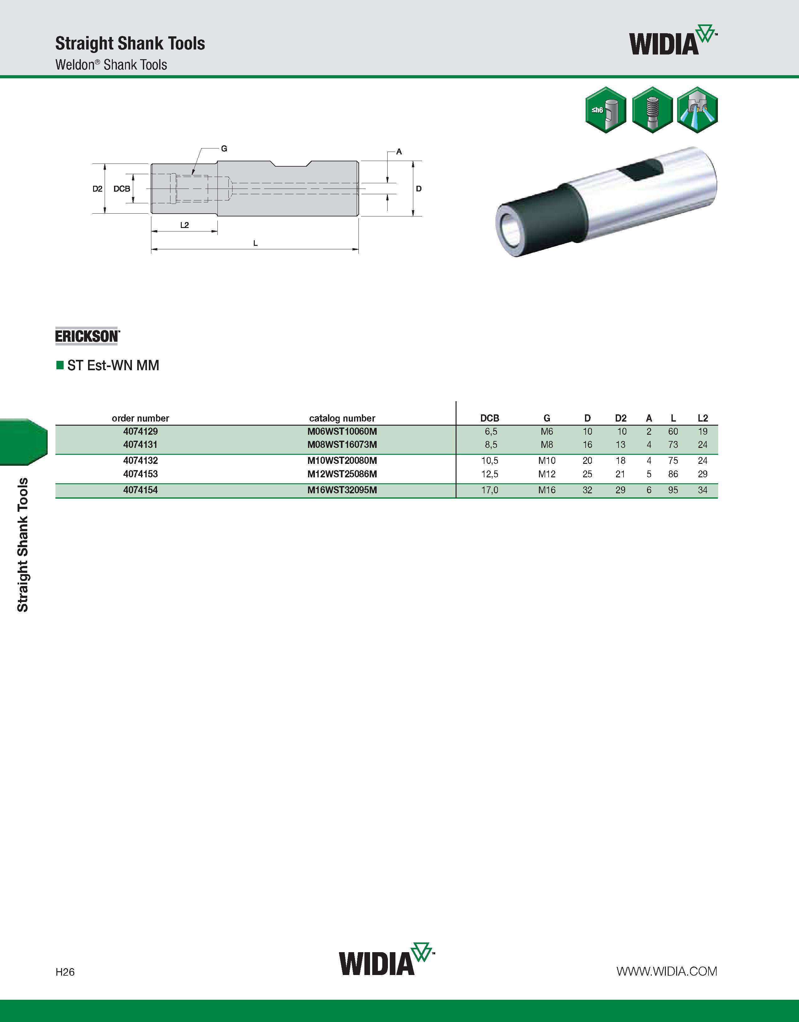 906 Straight Shank Tools Straight Shank Tools WIDIA Weldon Shank Tools ERICKSON ST Est-WN MM order number catalog number DCB G D D2 A L L2 4074129 M0 Каталог WIDIA 2011 Инструментальная оснастка для металлорежущих станков Вспомогательный инструмент для оборудования Адаптеры Насадки Оправки Патроны Стр. H26 ENG