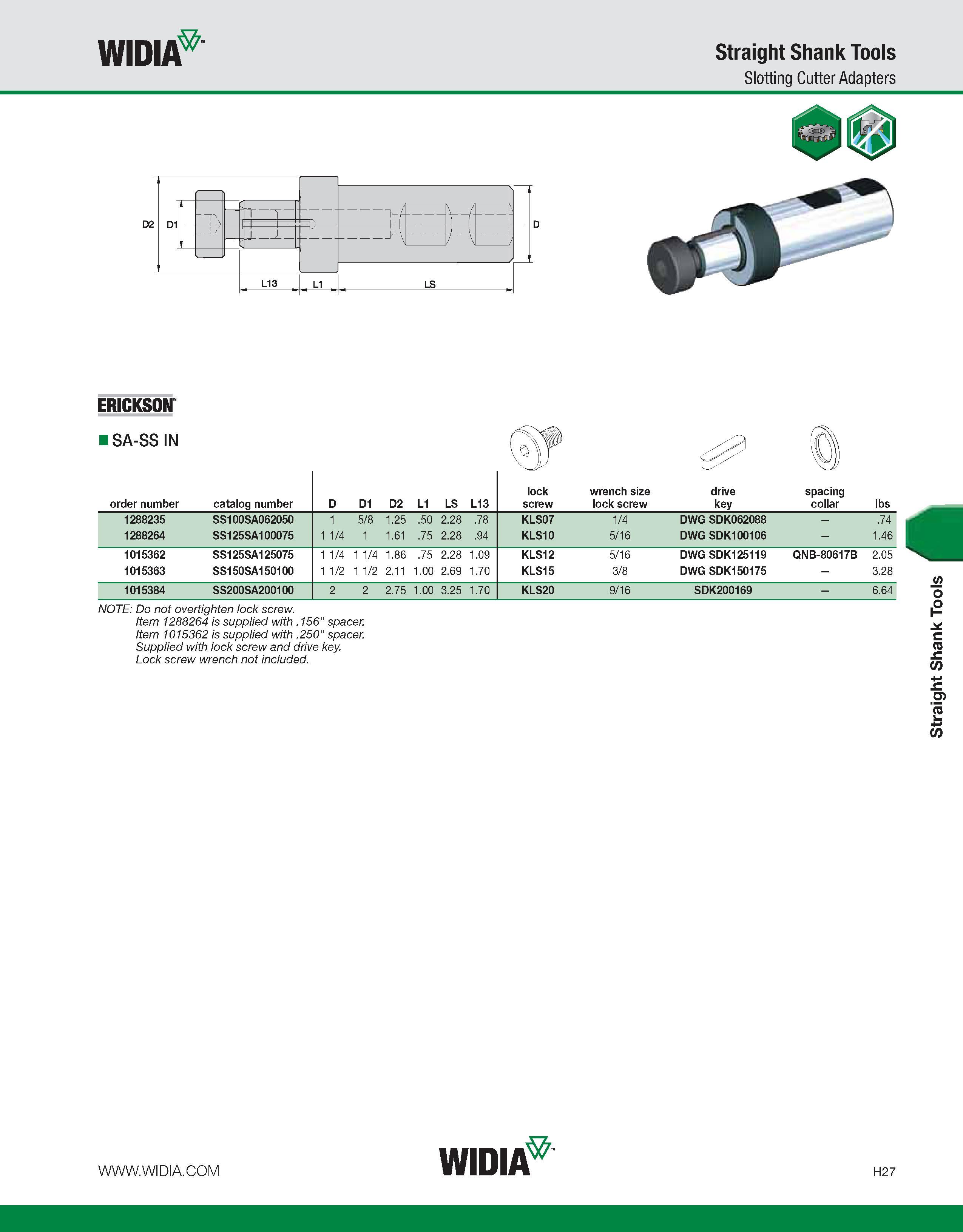 907 WIDIA Straight Shank Tools Slotting Cutter Adapters ERICKSON SA-SS IN order number catalog number D D1 D2 L1 LS L13 lock screw wrench size lock s Каталог WIDIA 2011 Инструментальная оснастка для металлорежущих станков Вспомогательный инструмент для оборудования Адаптеры Насадки Оправки Патроны Стр. H27 ENG
