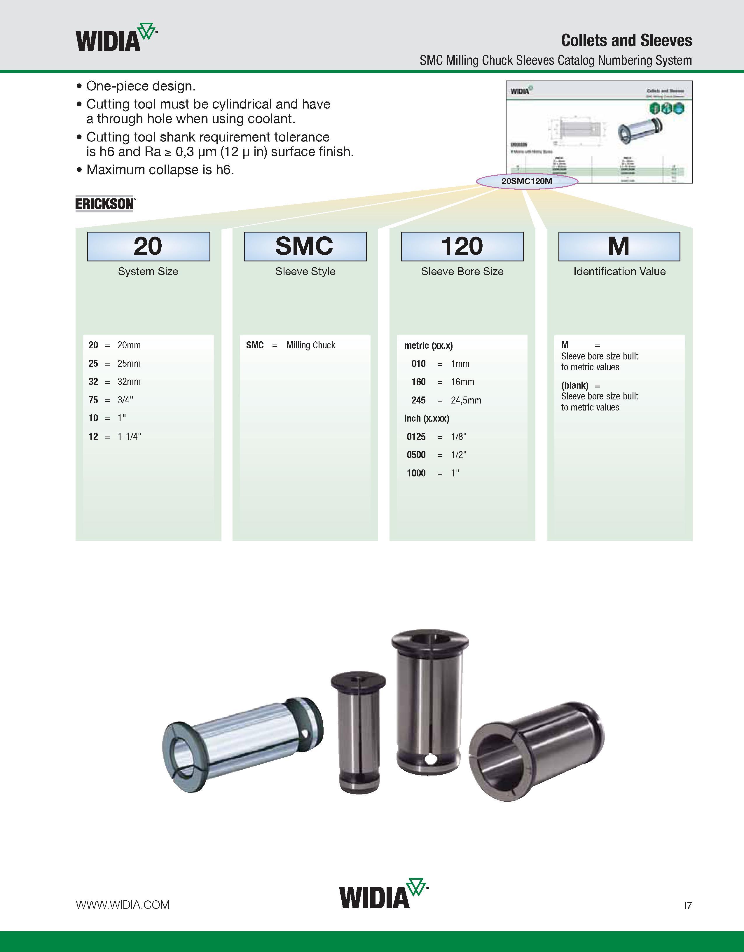915 WIDIA Collets and Sleeves SMC Milling Chuck Sleeves Catalog Numbering System One-piece design Cutting tool must be cylindrical and have a through Каталог WIDIA 2011 Инструментальная оснастка для металлорежущих станков Вспомогательный инструмент для оборудования Адаптеры Насадки Оправки Патроны Стр. I7 ENG