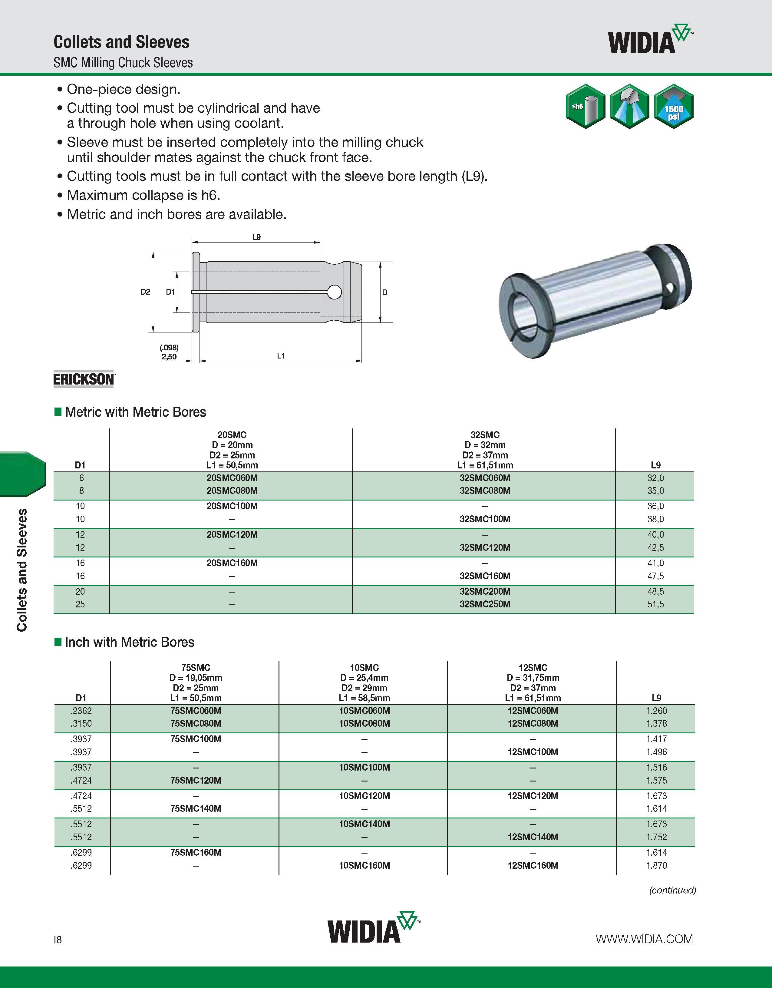 916 Collets and Sleeves Collets and Sleeves SMC Milling Chuck Sleeves WIDIA One-piece design Cutting tool must be cylindrical and have a through hole Каталог WIDIA 2011 Инструментальная оснастка для металлорежущих станков Вспомогательный инструмент для оборудования Адаптеры Насадки Оправки Патроны Стр. I8 ENG
