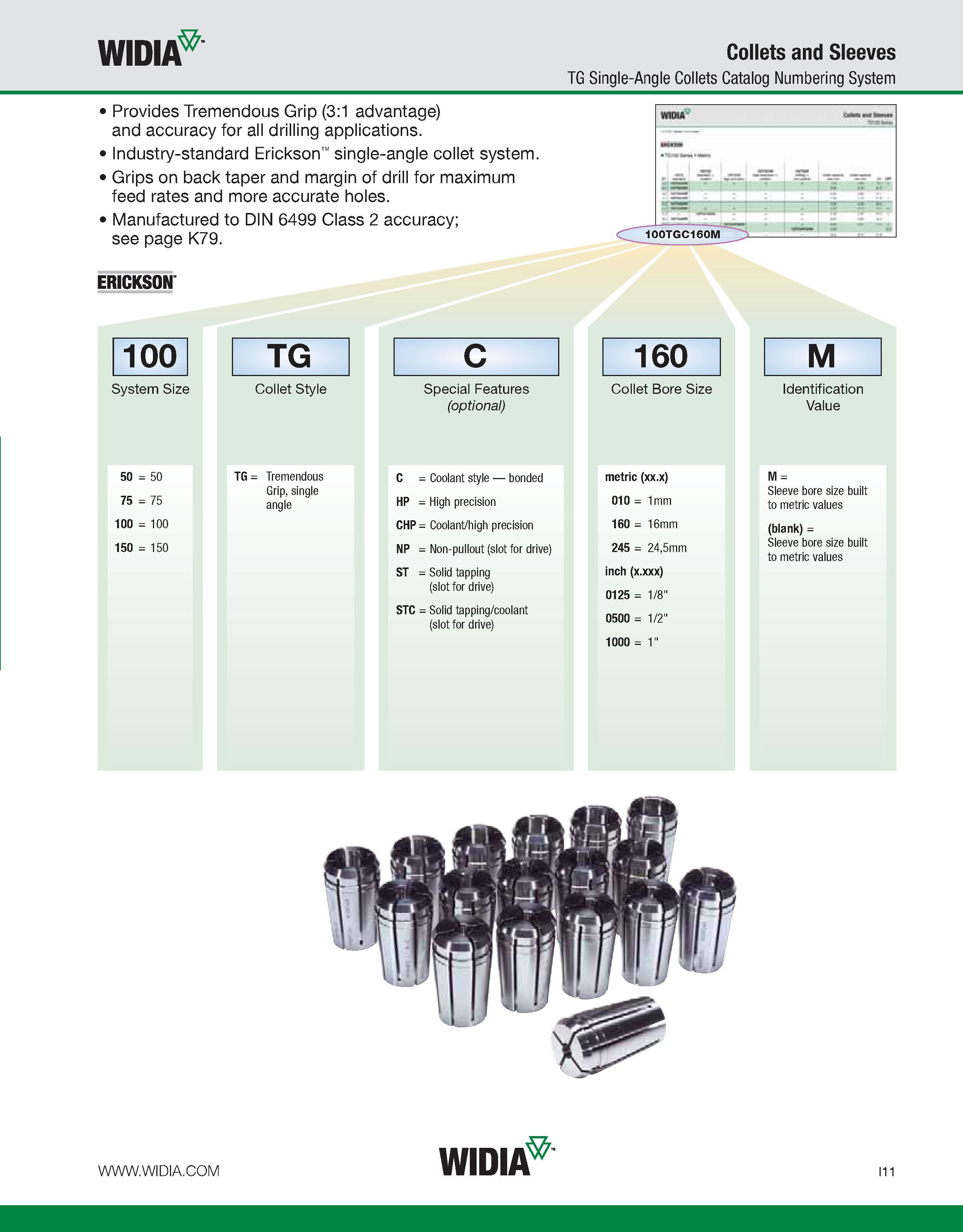 919 WIDIA Collets and Sleeves TG Single-Angle Collets Catalog Numbering System Provides Tremendous Grip (3:1 advantage) and accuracy for all drilling Каталог WIDIA 2011 Инструментальная оснастка для металлорежущих станков Вспомогательный инструмент для оборудования Адаптеры Насадки Оправки Патроны Стр. I11 ENG