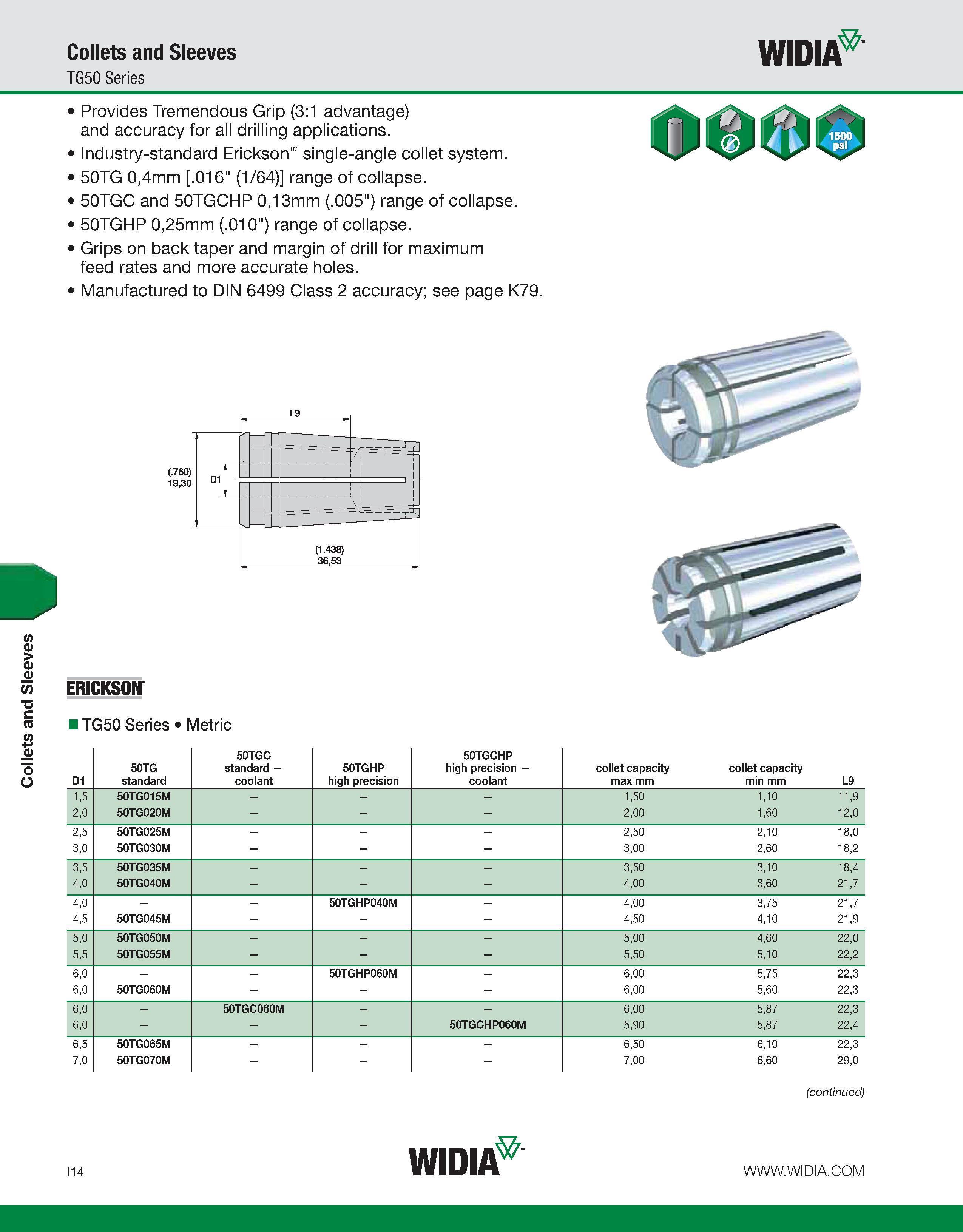 922 Collets and Sleeves Collets and Sleeves WIDIA TG50 Series Provides Tremendous Grip (3:1 advantage) and accuracy for all drilling applications Ind Каталог WIDIA 2011 Инструментальная оснастка для металлорежущих станков Вспомогательный инструмент для оборудования Адаптеры Насадки Оправки Патроны Стр. I14 ENG