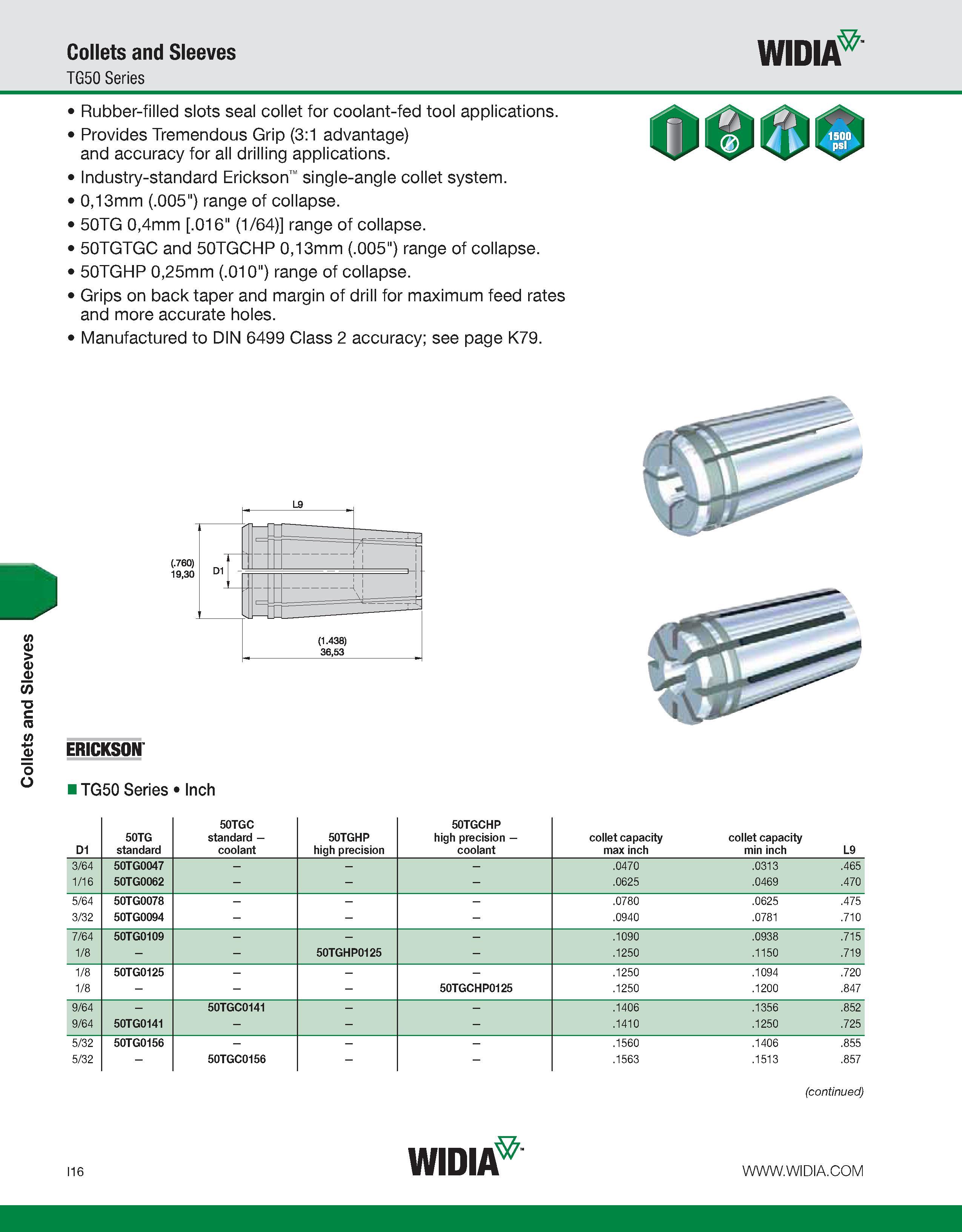 924 Collets and Sleeves Collets and Sleeves TG50 Series WIDIA Rubber-filled slots seal collet for coolant-fed tool applications Provides Tremendous G Каталог WIDIA 2011 Инструментальная оснастка для металлорежущих станков Вспомогательный инструмент для оборудования Адаптеры Насадки Оправки Патроны Стр. I16 ENG