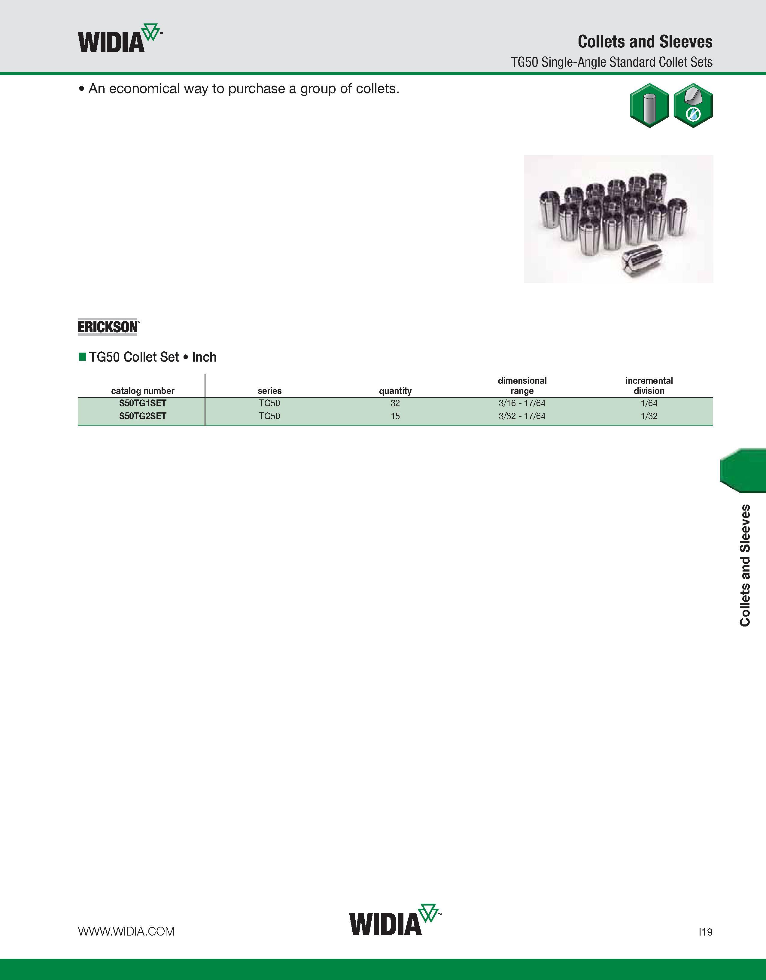 927 WIDIA Collets and Sleeves TG50 Single-Angle Standard Collet Sets An economical way to purchase a group of collets 00 ERICKSON ITG50 Collet Set In Каталог WIDIA 2011 Инструментальная оснастка для металлорежущих станков Вспомогательный инструмент для оборудования Адаптеры Насадки Оправки Патроны Стр. I19 ENG