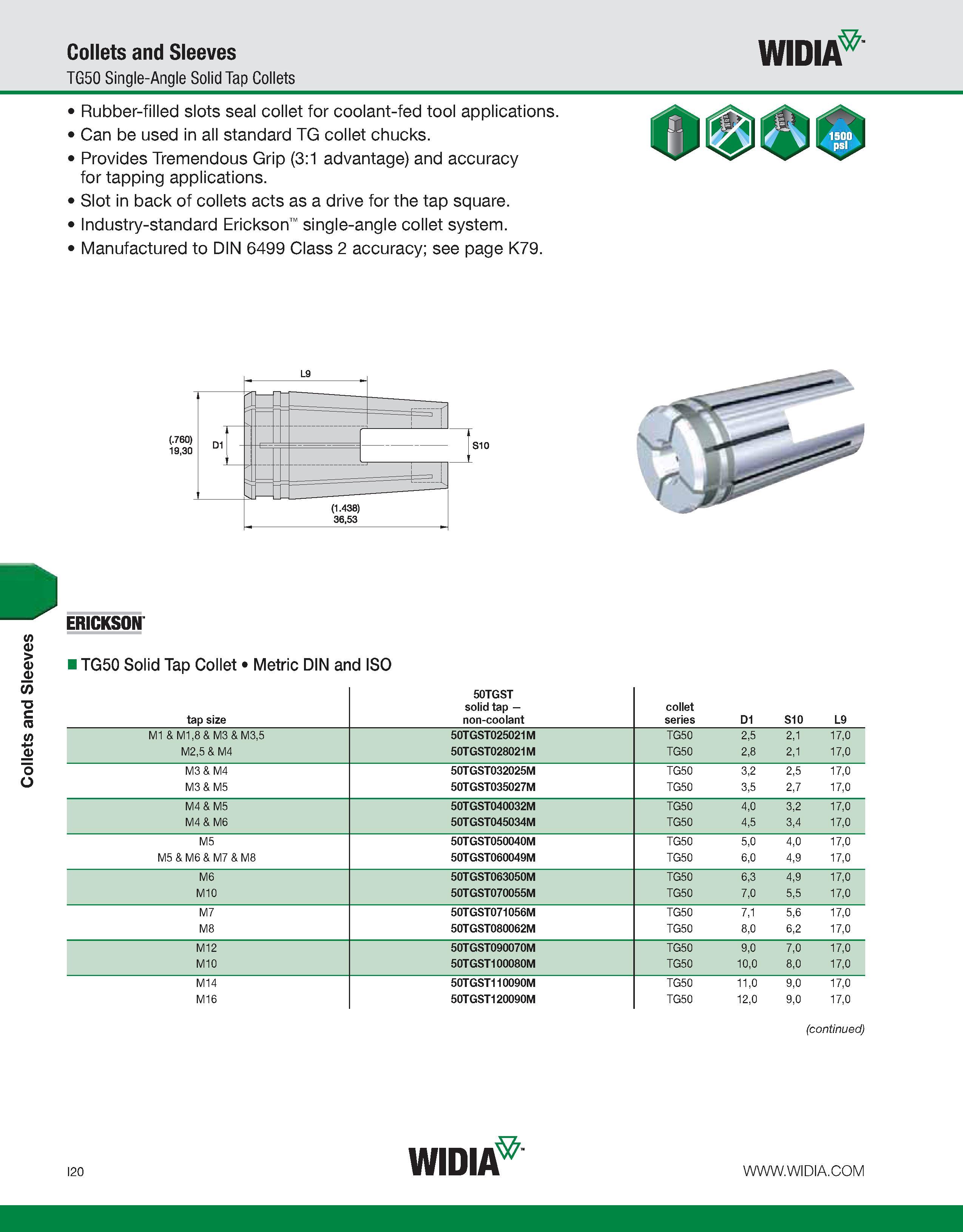 928 Collets and Sleeves Collets and Sleeves WIDIA TG50 Single-Angle Solid Tap Collets Rubber-filled slots seal collet for coolant-fed tool applicatio Каталог WIDIA 2011 Инструментальная оснастка для металлорежущих станков Вспомогательный инструмент для оборудования Адаптеры Насадки Оправки Патроны Стр. I20 ENG