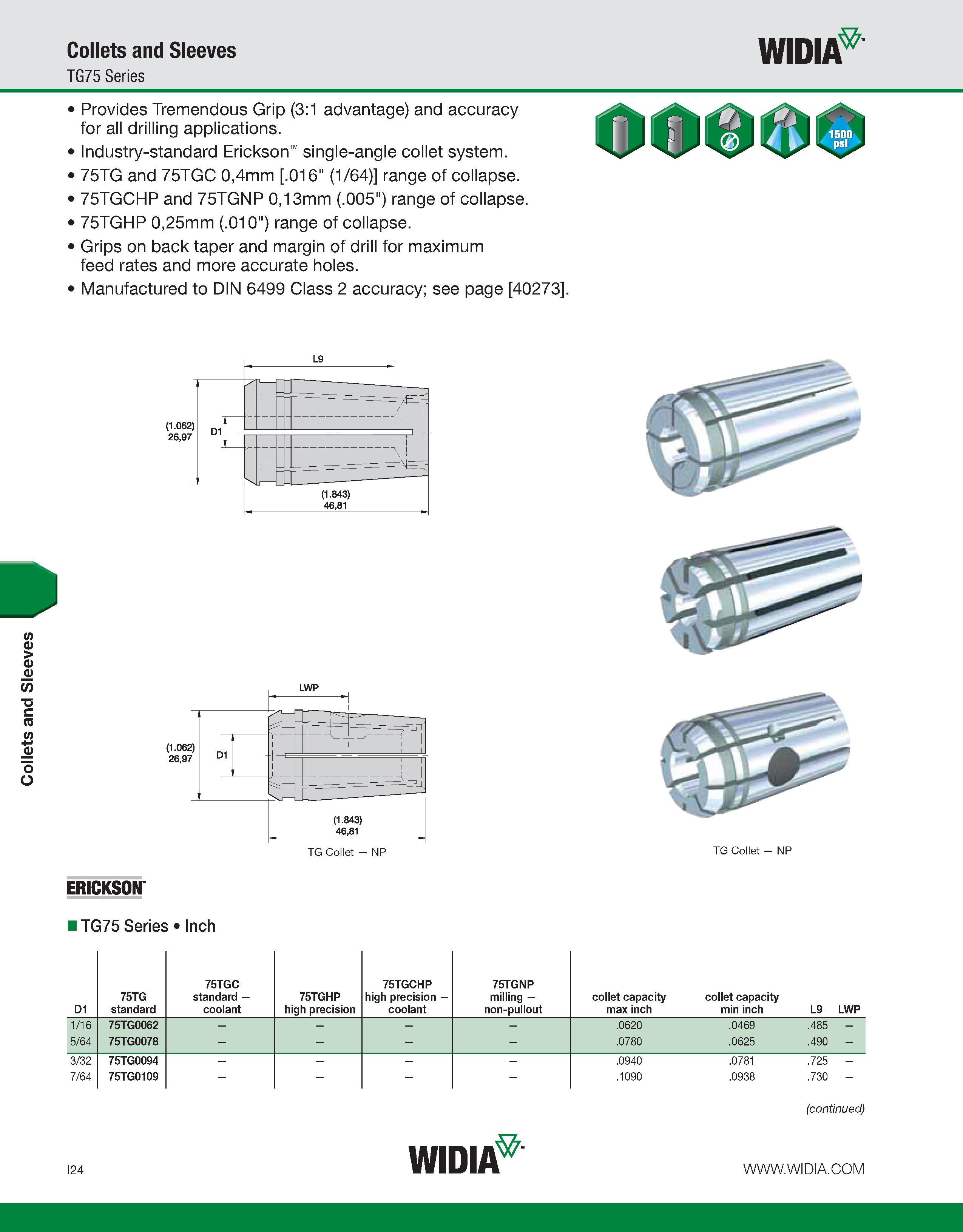 932 Collets and Sleeves Collets and Sleeves TG75 Series WIDIA Provides Tremendous Grip (3:1 advantage) and accuracy for all drilling applications Ind Каталог WIDIA 2011 Инструментальная оснастка для металлорежущих станков Вспомогательный инструмент для оборудования Адаптеры Насадки Оправки Патроны Стр. I24 ENG