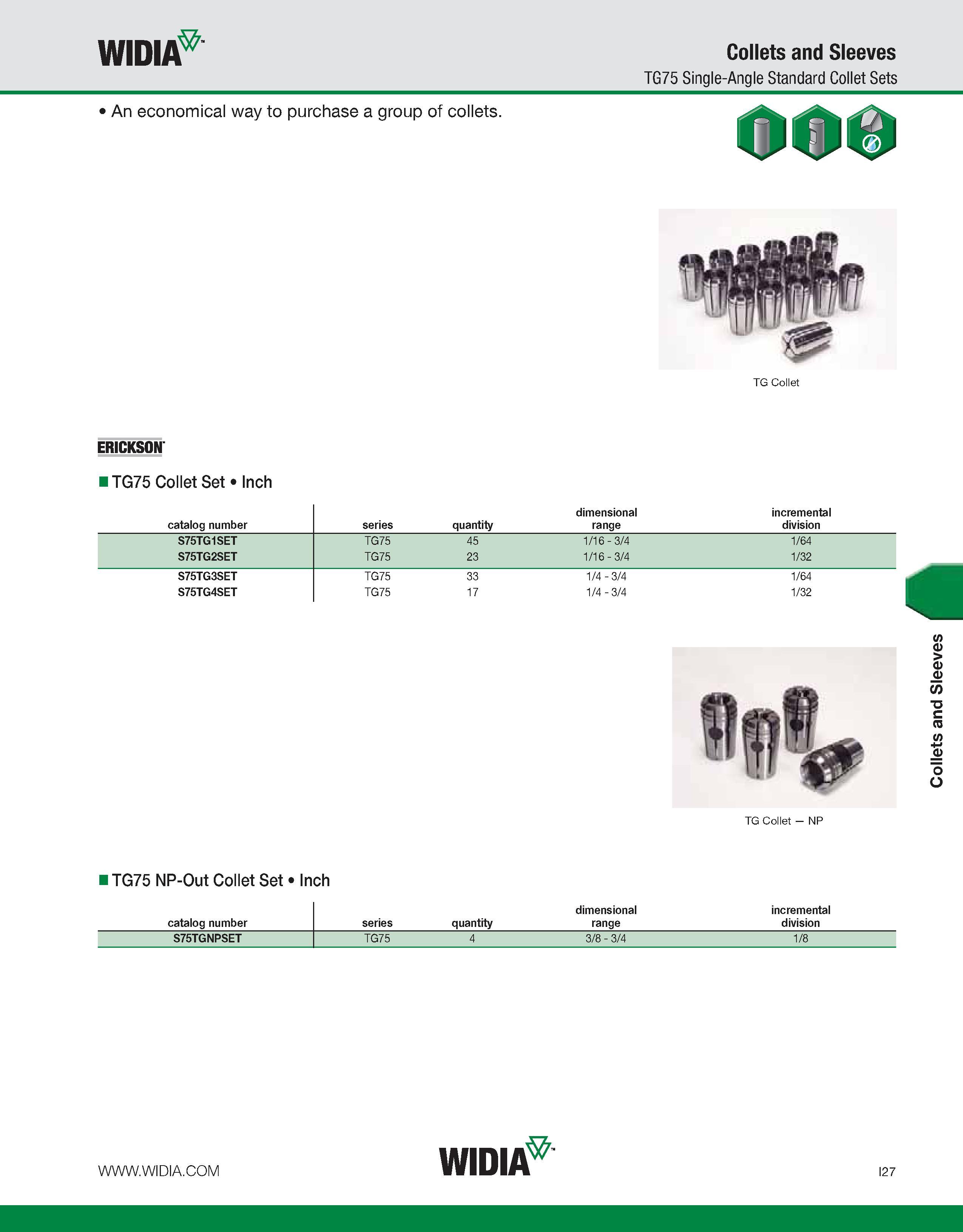 935 WIDIA Collets and Sleeves TG75 Single-Angle Standard Collet Sets An economical way to purchase a group of collets TG Collet ERICKSON ITG75 Collet Каталог WIDIA 2011 Инструментальная оснастка для металлорежущих станков Вспомогательный инструмент для оборудования Адаптеры Насадки Оправки Патроны Стр. I27 ENG