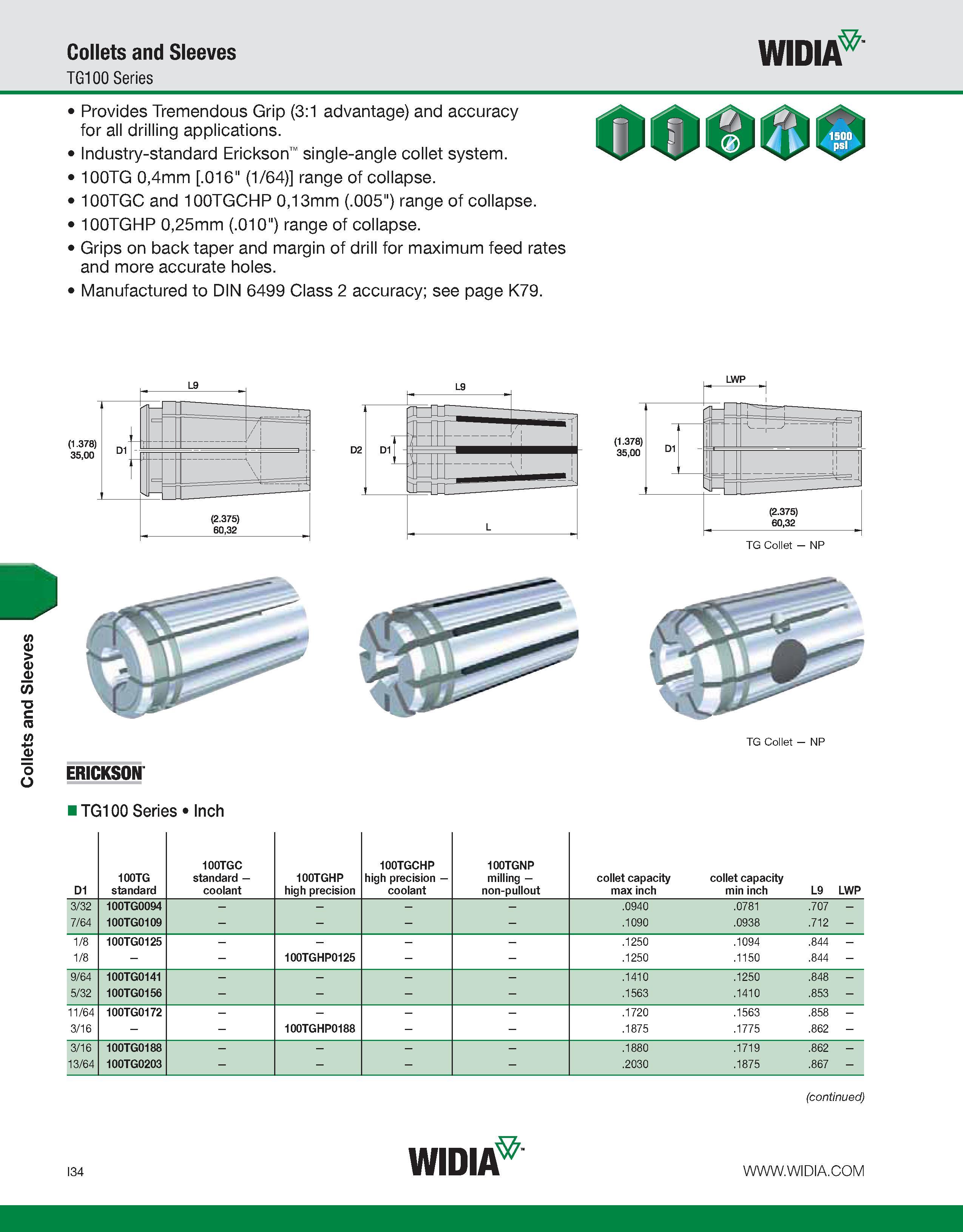 942 Collets and Sleeves Collets and Sleeves TG100 Series WIDIA Provides Tremendous Grip (3:1 advantage) and accuracy for all drilling applications In Каталог WIDIA 2011 Инструментальная оснастка для металлорежущих станков Вспомогательный инструмент для оборудования Адаптеры Насадки Оправки Патроны Стр. I34 ENG