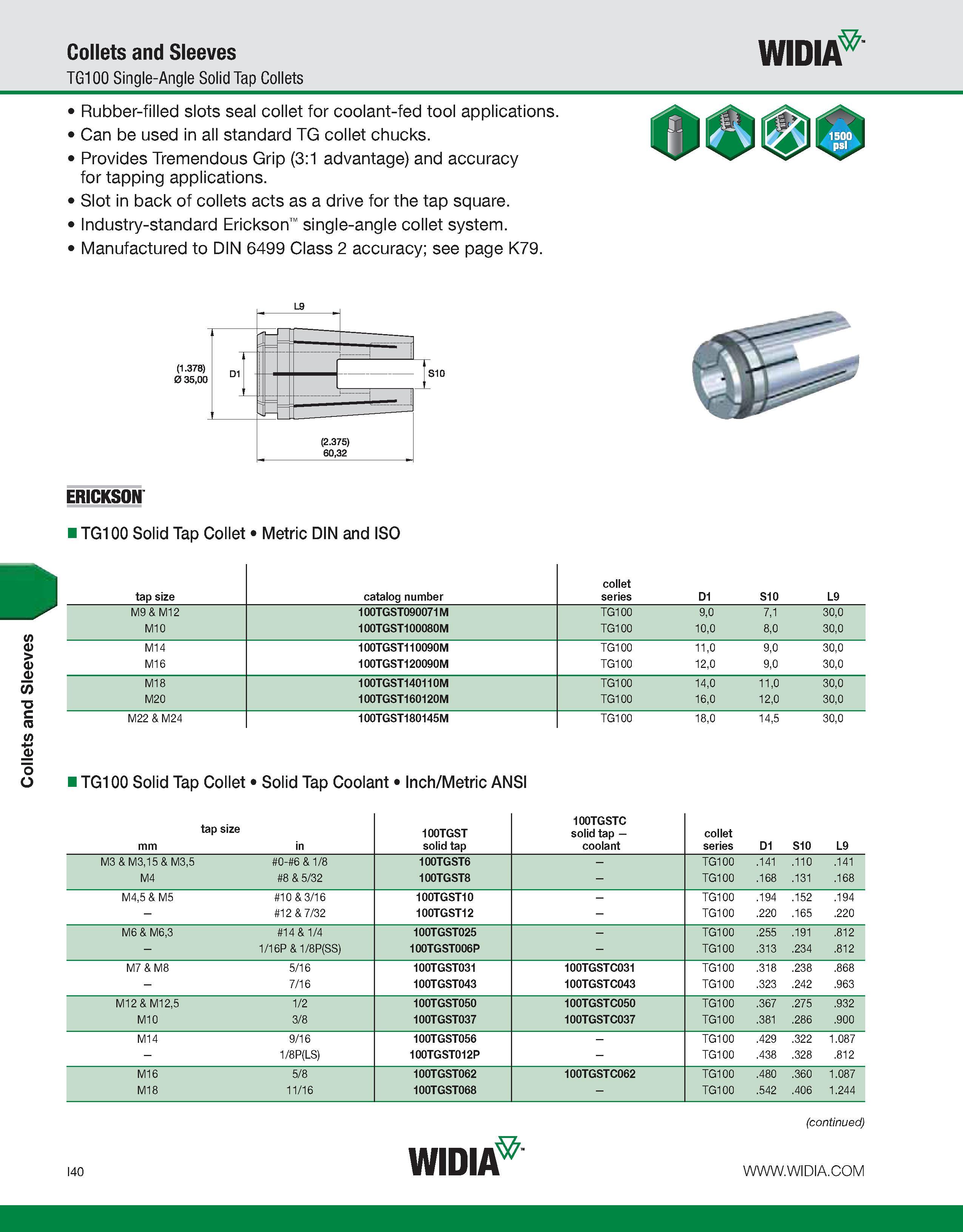 948 Collets and Sleeves TG100 Single-Angle Solid Tap Collets WIDIA Rubber-filled slots seal collet for coolant-fed tool applications Can be used in a Каталог WIDIA 2011 Инструментальная оснастка для металлорежущих станков Вспомогательный инструмент для оборудования Адаптеры Насадки Оправки Патроны Стр. I40 ENG