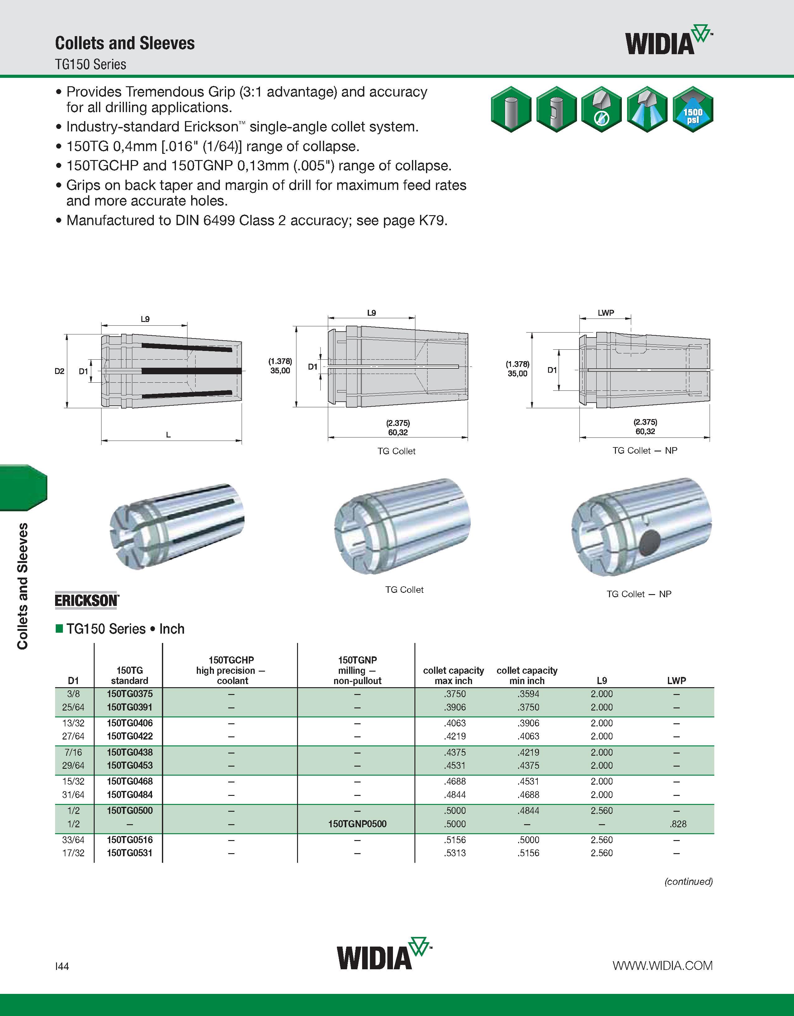 952 Collets and Sleeves Collets and Sleeves TG150 Series WIDIA Provides Tremendous Grip (3:1 advantage) and accuracy for all drilling applications In Каталог WIDIA 2011 Инструментальная оснастка для металлорежущих станков Вспомогательный инструмент для оборудования Адаптеры Насадки Оправки Патроны Стр. I44 ENG
