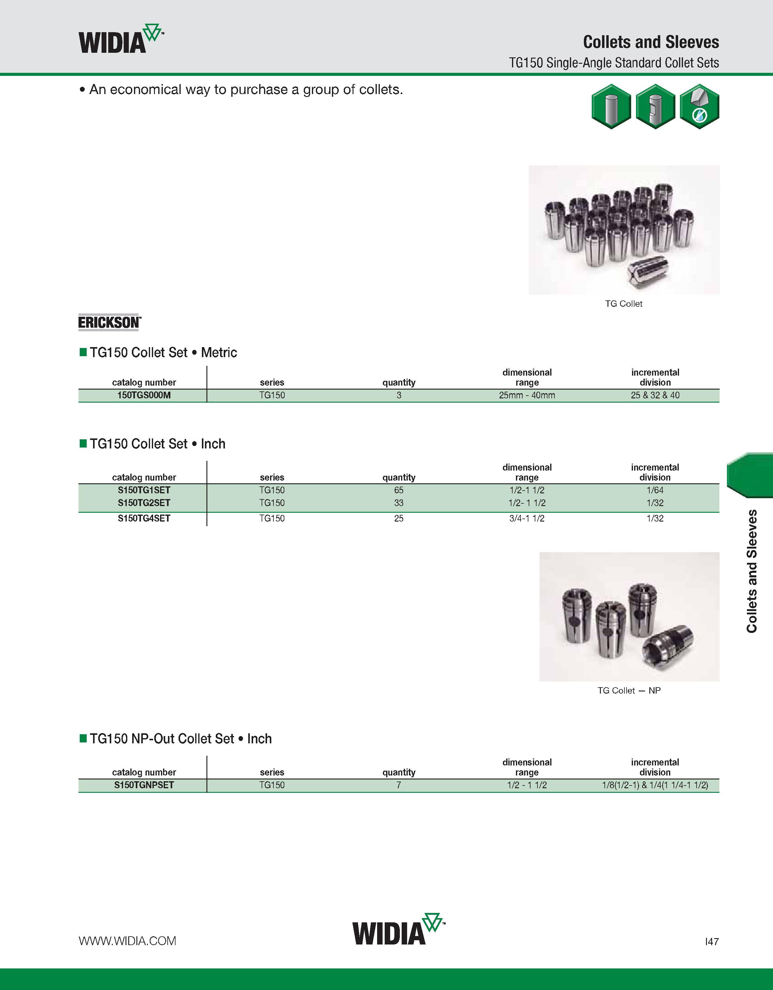955 WIDIA Collets and Sleeves TG150 Single-Angle Standard Collet Sets An economical way to purchase a group of collets ERICKSON TG Collet ITG150 Coll Каталог WIDIA 2011 Инструментальная оснастка для металлорежущих станков Вспомогательный инструмент для оборудования Адаптеры Насадки Оправки Патроны Стр. I47 ENG