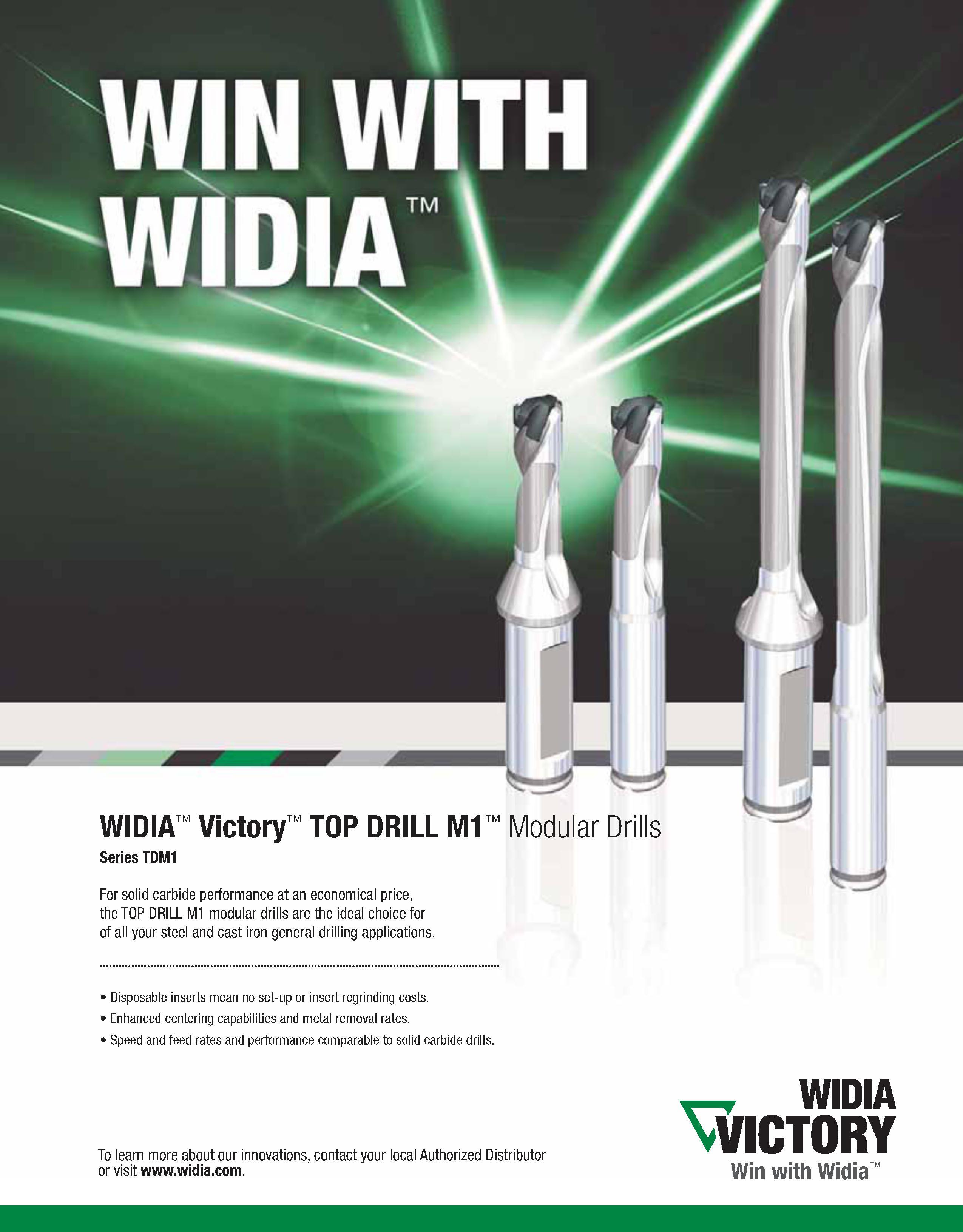 969 WIDIA Victory TOP DRILL M1 Modular Drills Series TDM1 For solid carbide performance at an economical price, the TOP DRILL M1 modular drills are t Каталог WIDIA 2011 Инструментальная оснастка для металлорежущих станков Вспомогательный инструмент для оборудования Адаптеры Насадки Оправки Патроны Стр. I61 ENG