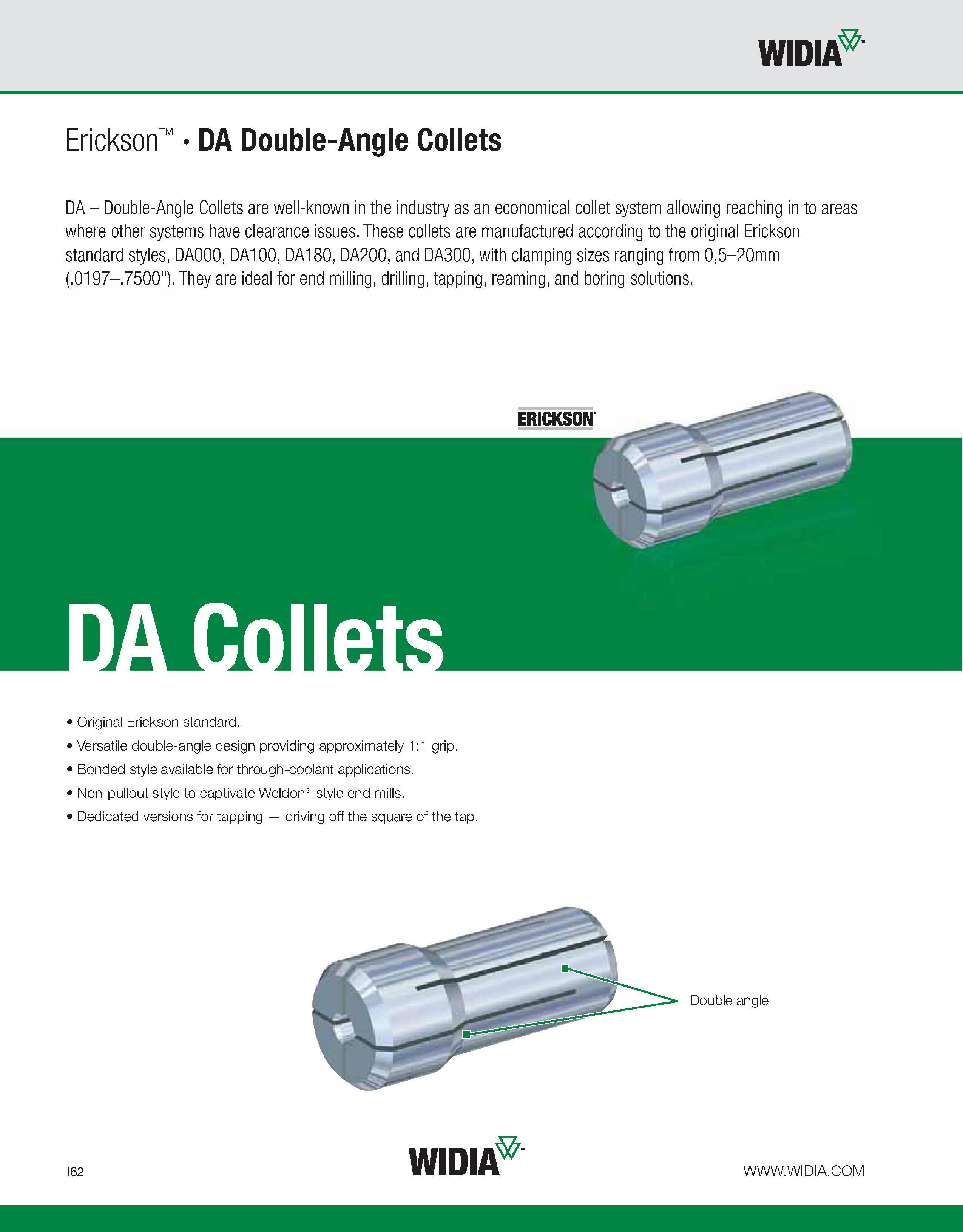 970 WIDIA Erickson DA Double-Angle Collets DA - Double-Angle Collets are well-known in the industry as an economical collet system allowing reaching Каталог WIDIA 2011 Инструментальная оснастка для металлорежущих станков Вспомогательный инструмент для оборудования Адаптеры Насадки Оправки Патроны Стр. I62 ENG