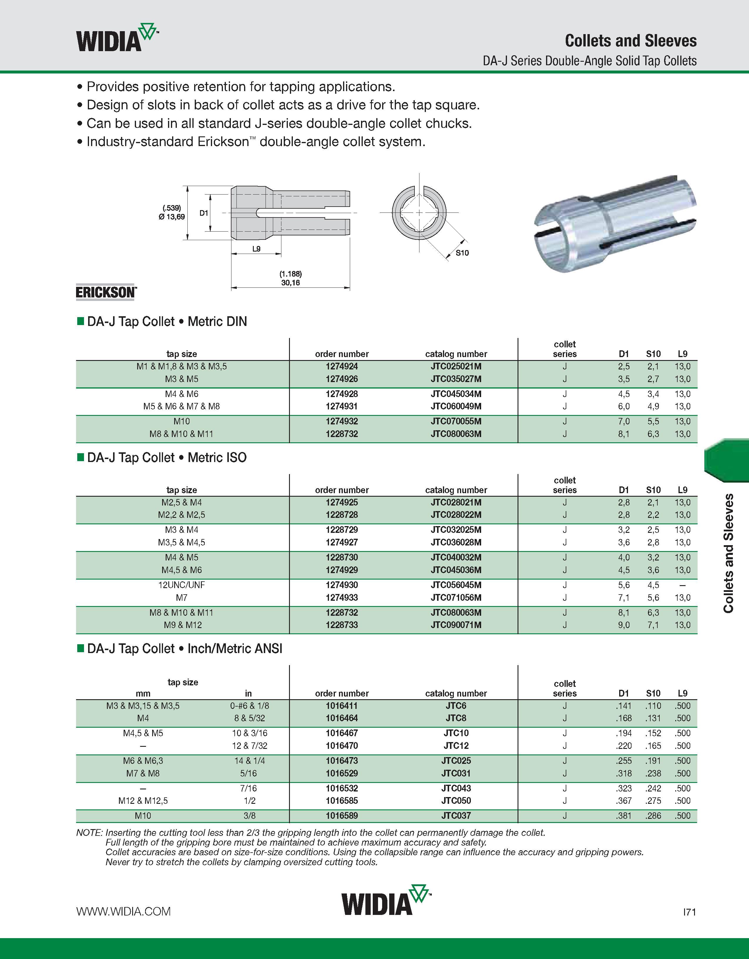 979 WIDIA Collets and Sleeves DA-J Series Double-Angle Solid Tap Collets Provides positive retention for tapping applications Design of slots in back Каталог WIDIA 2011 Инструментальная оснастка для металлорежущих станков Вспомогательный инструмент для оборудования Адаптеры Насадки Оправки Патроны Стр. I71 ENG
