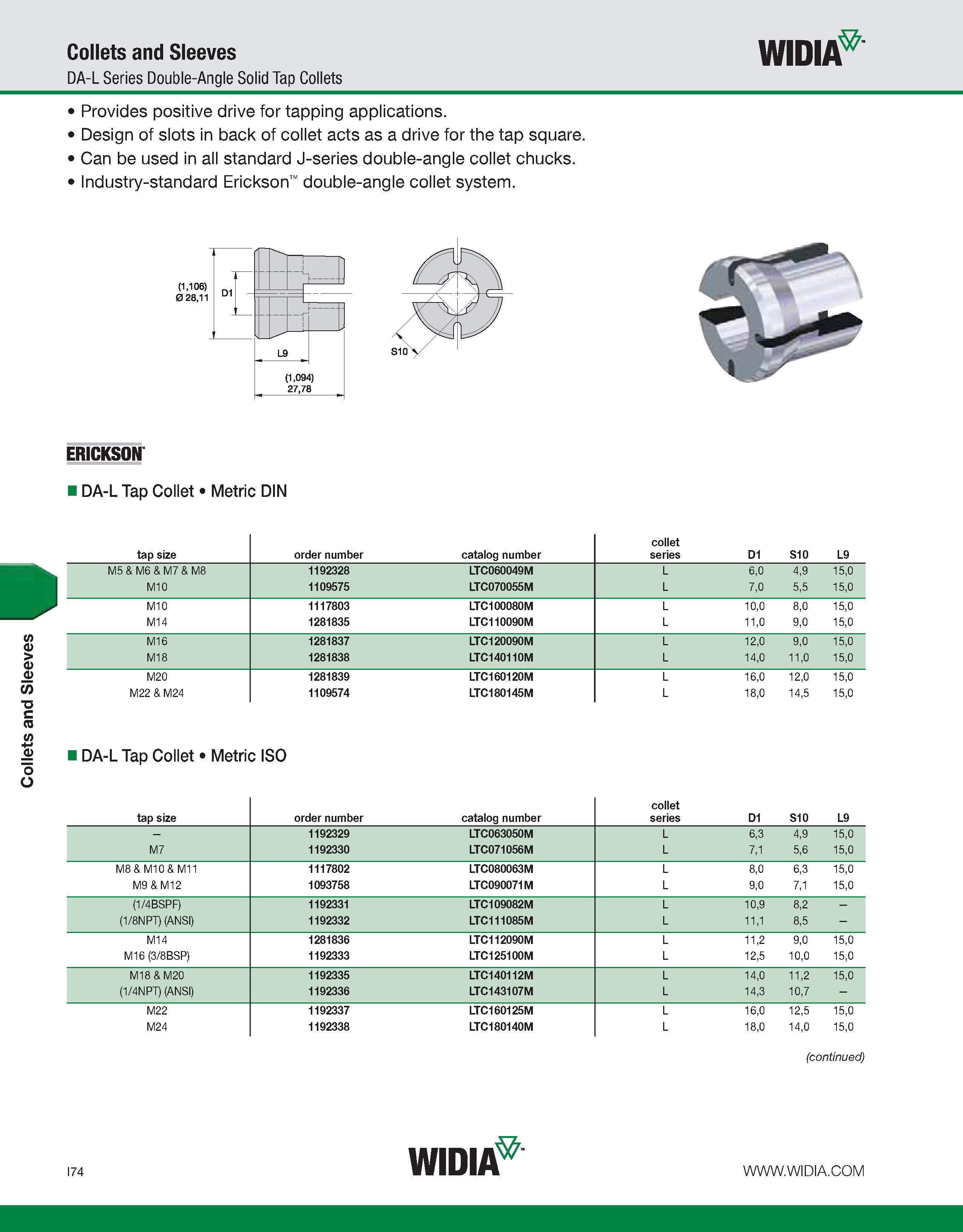 982 Collets and Sleeves Collets and Sleeves DA-L Series Double-Angle Solid Tap Collets WIDIA Provides positive drive for tapping applications Design Каталог WIDIA 2011 Инструментальная оснастка для металлорежущих станков Вспомогательный инструмент для оборудования Адаптеры Насадки Оправки Патроны Стр. I74 ENG