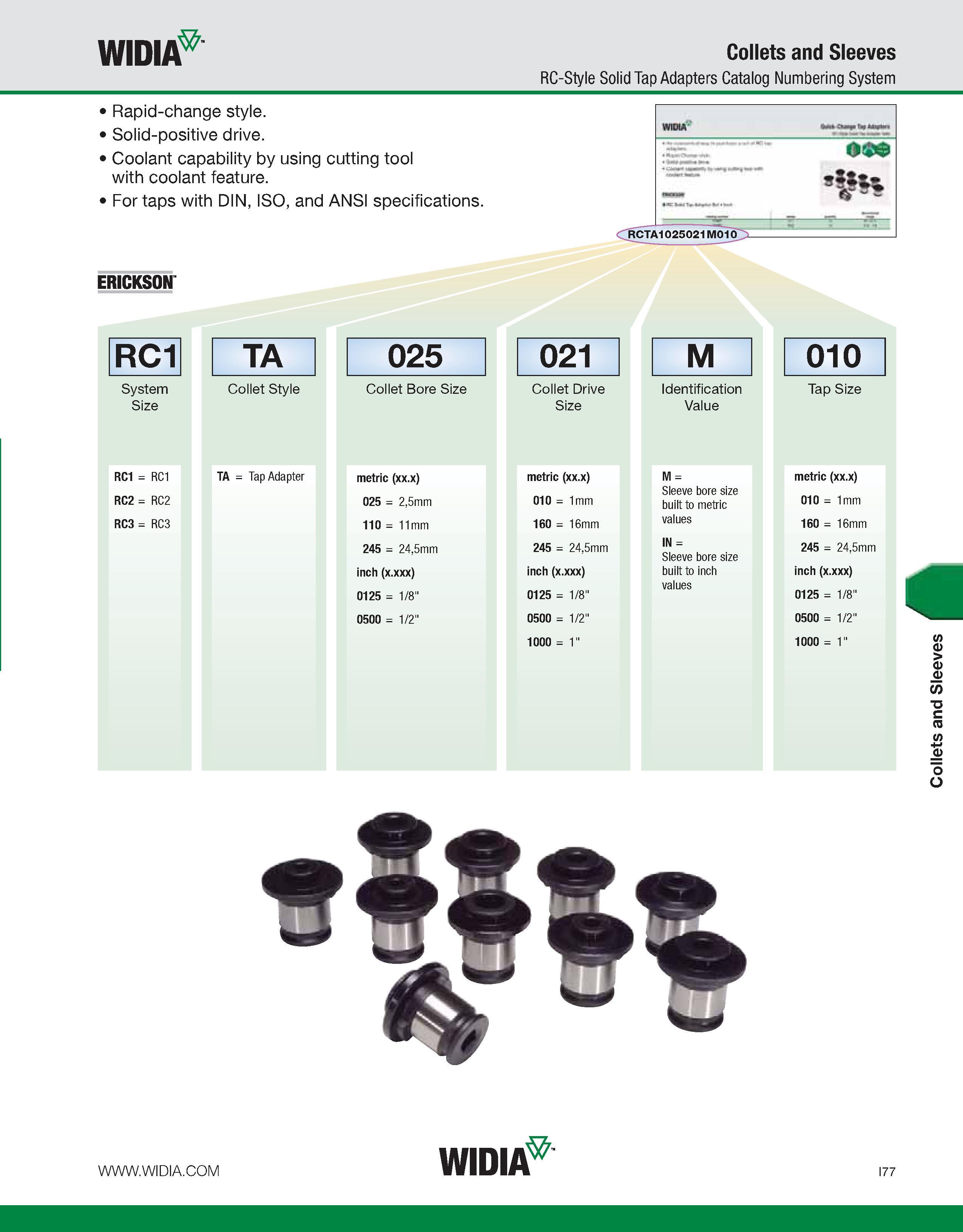 985 WIDIA Collets and Sleeves RC-Style Solid Tap Adapters Catalog Numbering System Rapid-change style Solid-positive drive Coolant capability by usin Каталог WIDIA 2011 Инструментальная оснастка для металлорежущих станков Вспомогательный инструмент для оборудования Адаптеры Насадки Оправки Патроны Стр. I77 ENG